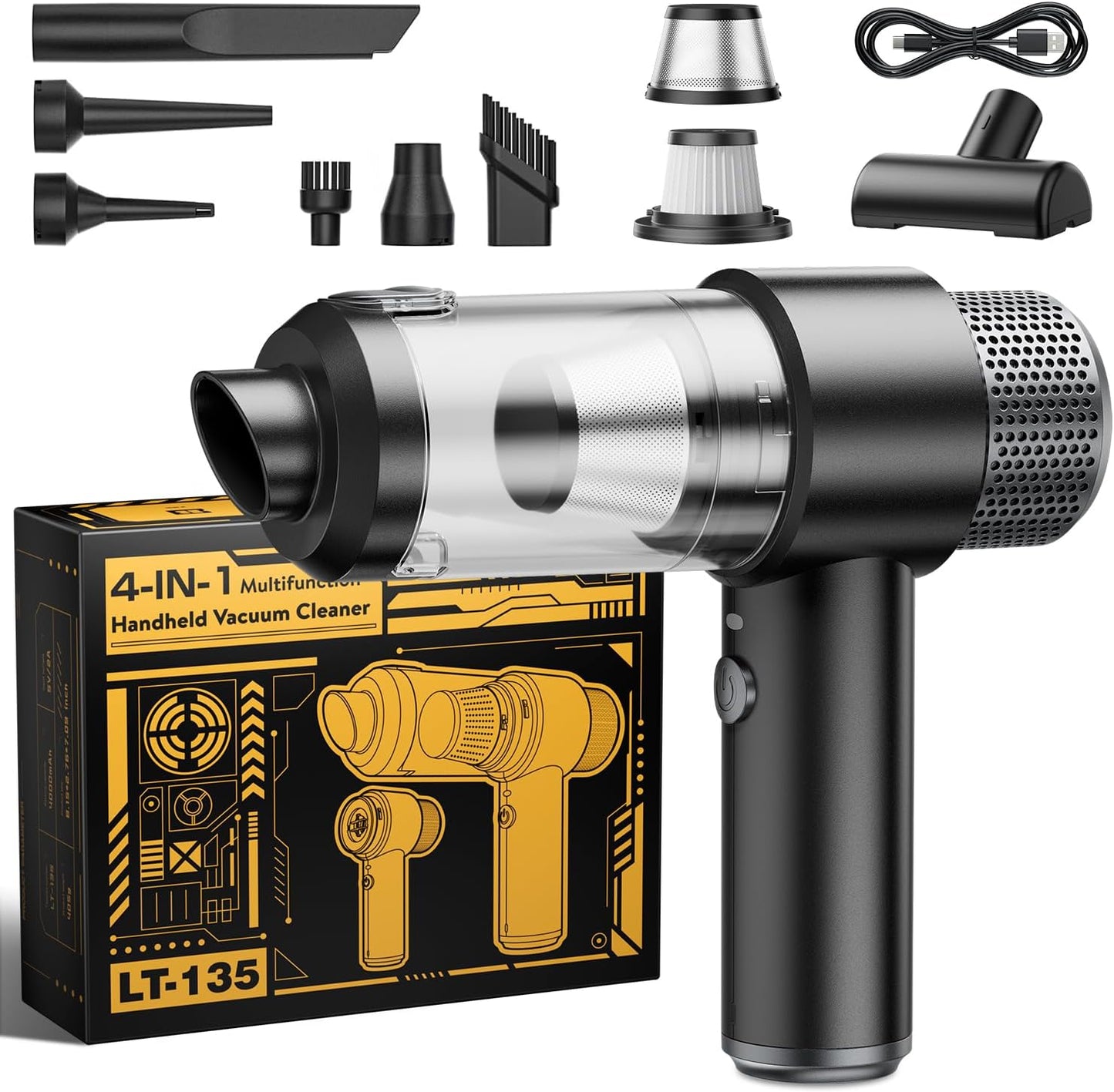 Handheld Car Vacuum Cleaner, 16000PA Car Vacuum Portable Cordless,4 in 1 Air Duster and Vacuum Cleaner with LED Light，Dual Filters, High Power Handheld Used for Home, Pet, Office