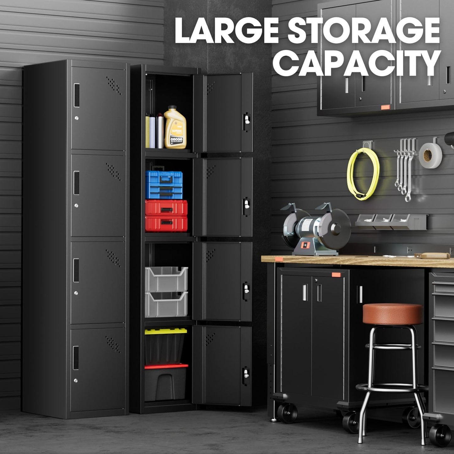 DNA MOTORING Metal Storage Cabinet for Employees with Keys, 71" Employees Metal Locker with 4 Doors, Tall Storage Lockers for Garage,Office,Home,Gym, Black, TOOLS-00790-BK-BK