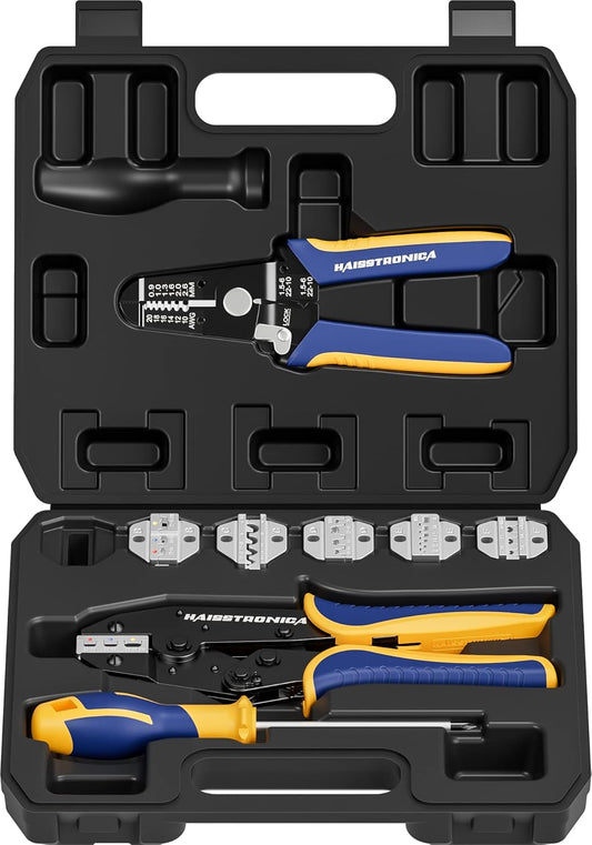 haisstronica 8PCS Crimping Tool Set - Ratchet Wire Crimping Tool for Heat Shrink,Insulated Nylon,Non-Insulated,Ferrule Wire End,Open Barrel Terminals,Solar Connectors