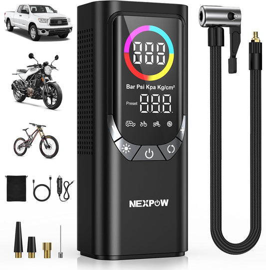NEXPOW NP17 Portable Air Compressor, 150 PSI Digital Tire Inflator, Fast Inflation with Auto Shut-Off, LED Light, Multiple Nozzles for Car, Bike, and Ball, Compact Design, Grey