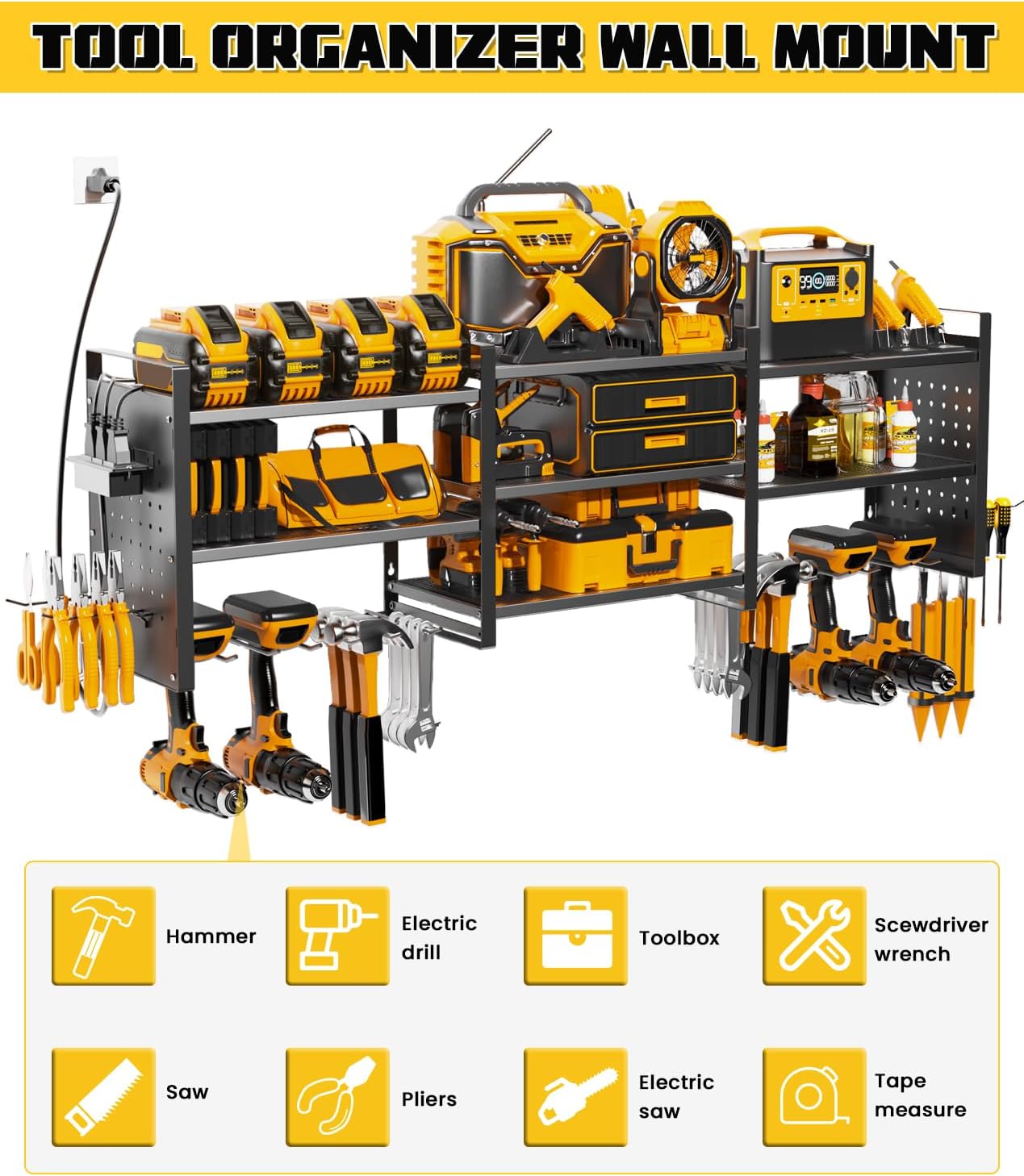Heavy-Duty 48" Wall Mount Power Tool Organizer with Charging Station – 3-Tier Garage Organization Rack for Drills, Wrenches & Tools – Includes 16 Hooks & Pegboard Sides