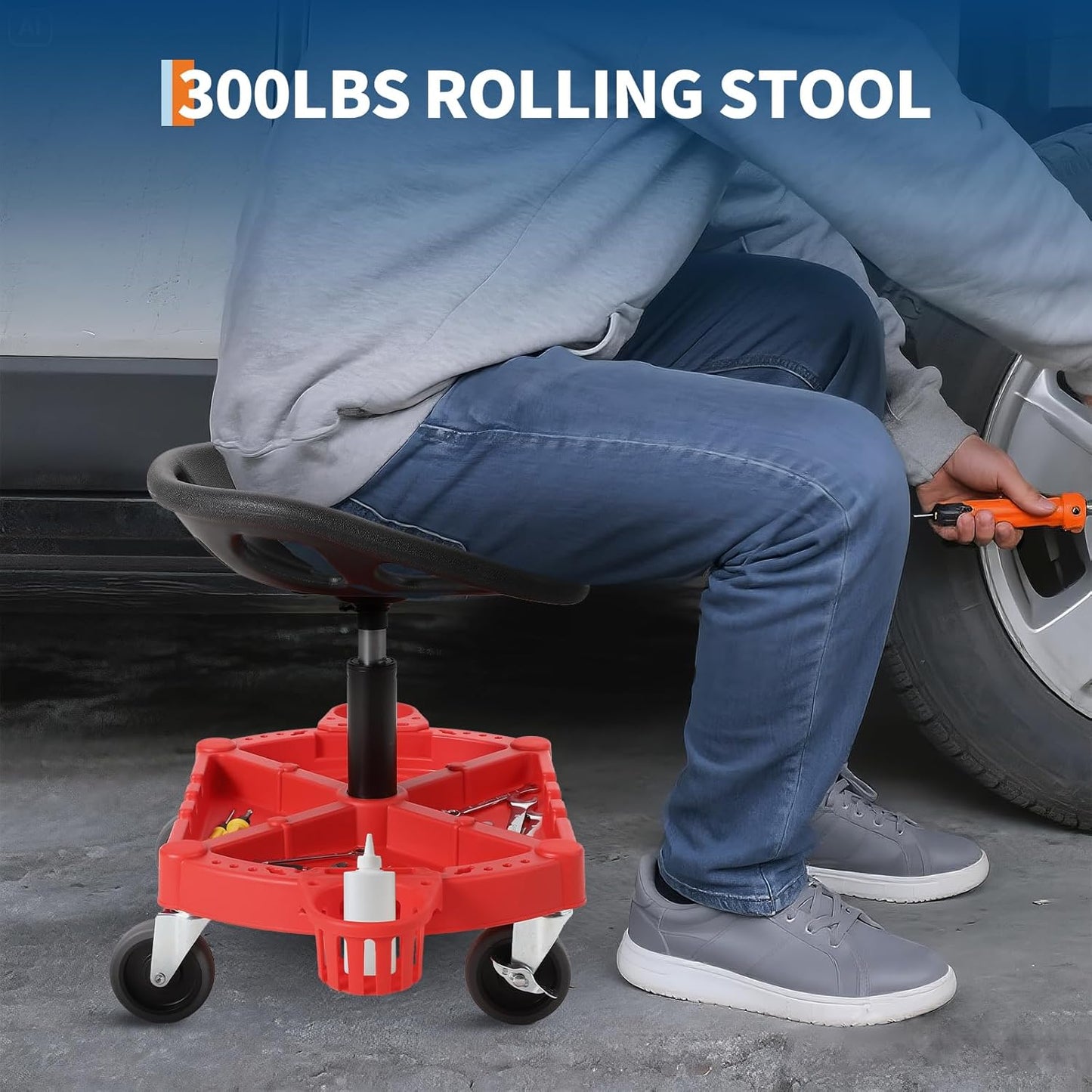 Garage Stool, 18”-23” Adjustable Rolling Mechanic Stool with Universal Wheels, Removable Magnetic Tool Tray, 300LBS Capacity, Roller Creeper Seat, Shop Chair