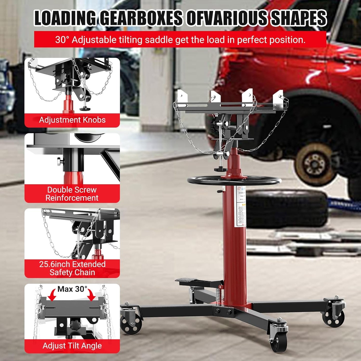 Garvee 1322lbs Transmission Jack, Hydraulic Telescoping Transmission Jacks, 34.3"-68.5" High Lift, 2-Stage Transmission Floor Jack Stand 3/5 Ton Capacity with Foot Pedal, 360° Swivel Wheel