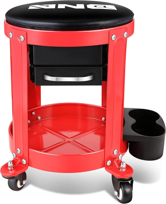 DNA Motoring TOOLS-00197 Round Mechanics Roller Seat Creeper Stool With Padded Cushion, Tool Storage Drawer & Tray, 300 Lbs Max Weight Capacity