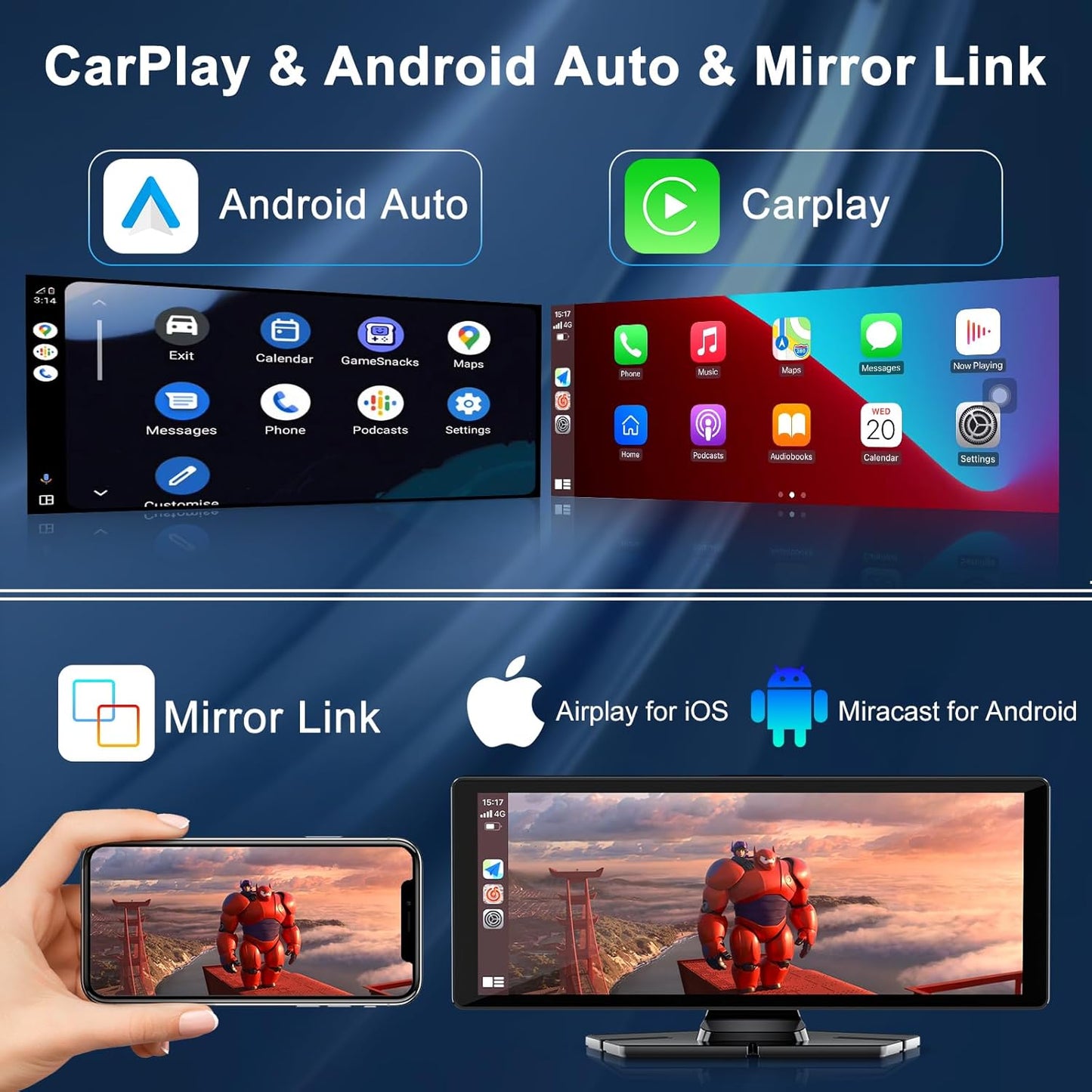 Carplay Screen for Car,10.26" HD Car Stereo for Apple Carplay & Android Auto -with Rotatable 4K Dash Cam & HD Backup Camera, Dual Front/Inside Recording, GPS Navigator for Cars,Trucks