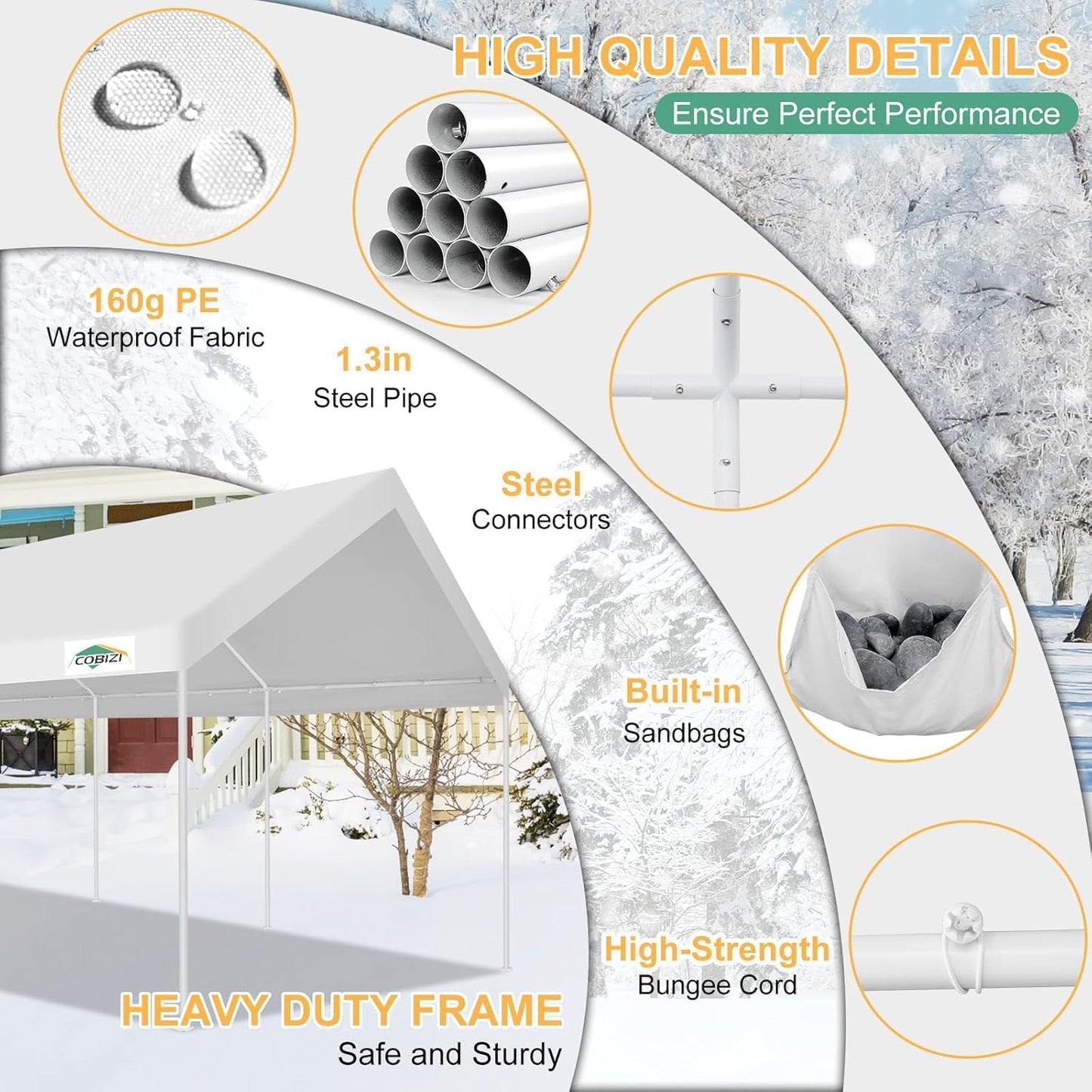 COBIZI 12x20ft Carport Heavy Duty, Portable Car Garage Outdoor Party Tent with Built-in Sandbags, Waterproof Car Canopy for Truck, Boat, SUV with All-Season Tarp, White