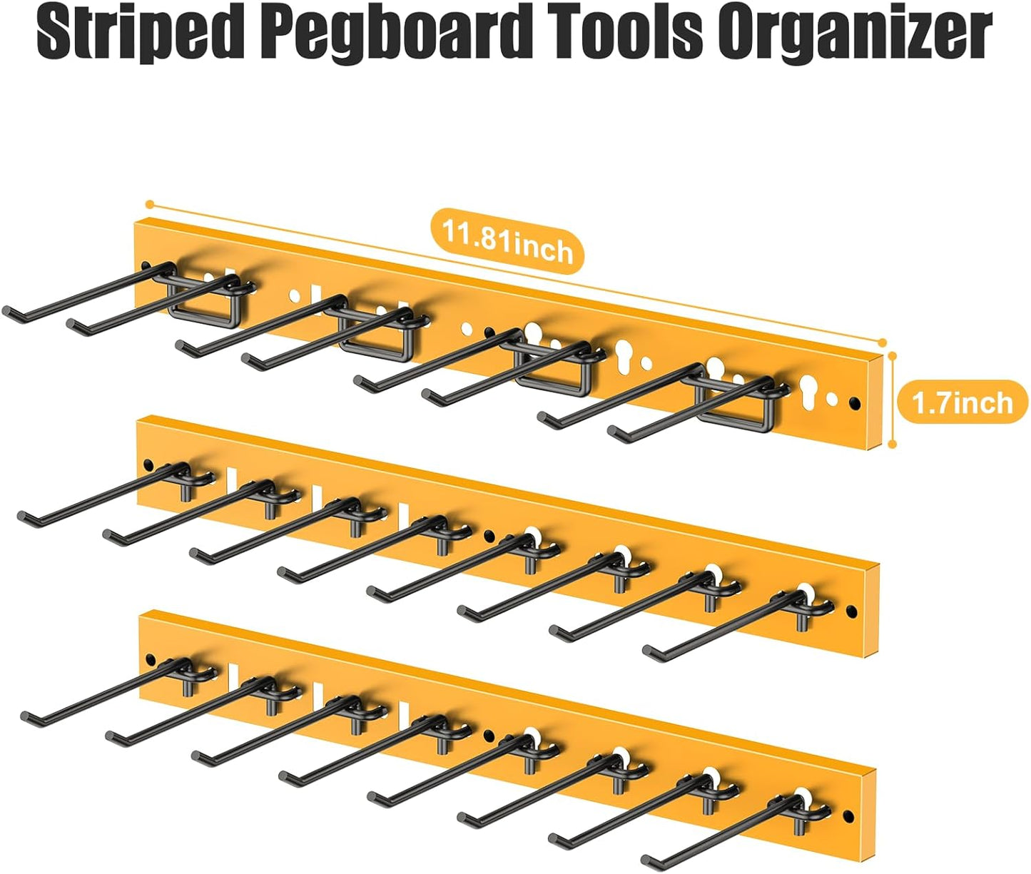 CCCEI 3 Modular Pegboard Strip Storage, Metal Peg Slat Wall Mount for Garage, Basement, Garden, Laundry Room Organization. Flexible Tool Organizer for Rake, Shovels, Crafting. Gifts for Men, Yellow.