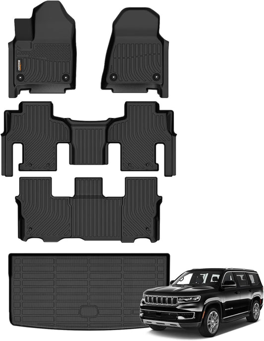 Binmotor-All Weather Car Floor Mats Cargo Liner for Jeep Wagoneer 2022-2025, 8 Passenger, TPE Rubber Liners for Jeep Wagoneer Accessories Cargo Trunk Mat-Black