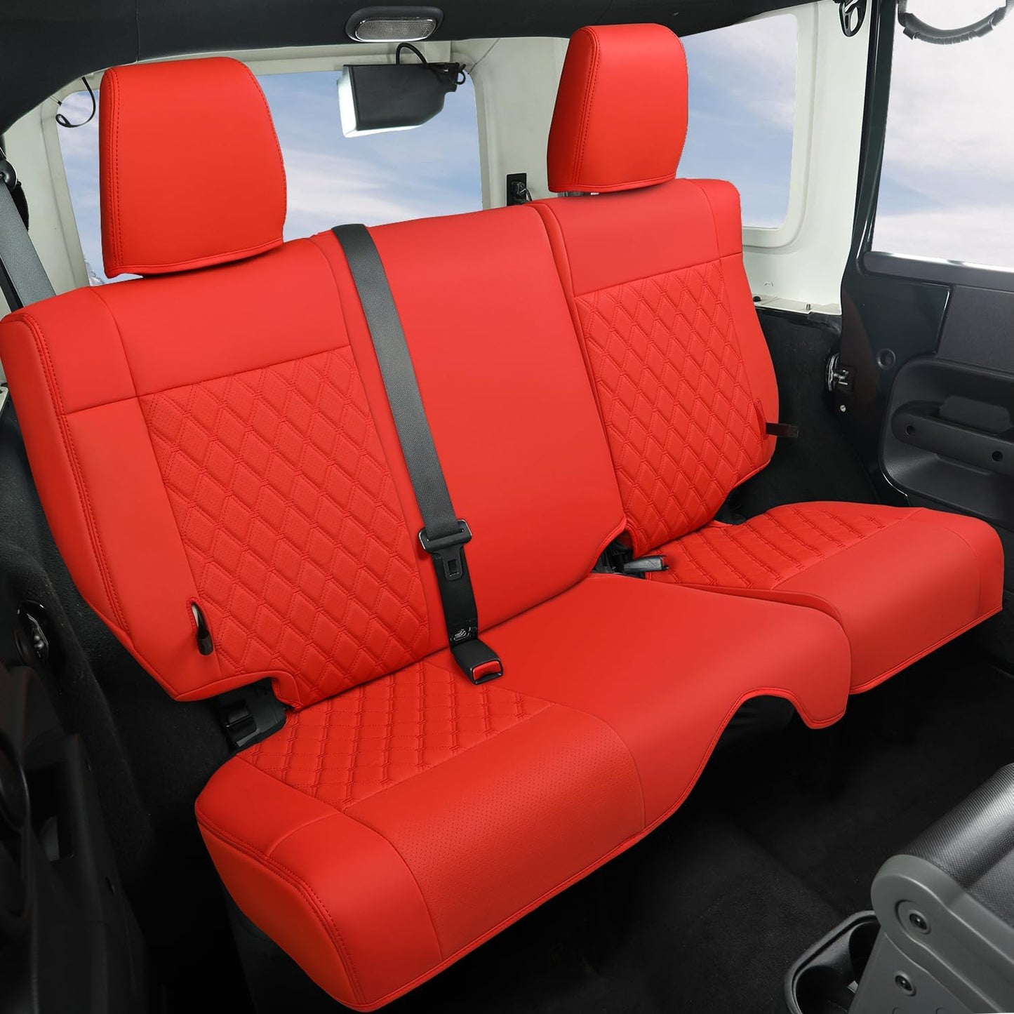 GIANT PANDA Customized Full Set Car Seat Covers for Jeep Wrangler 4 Door JK Unlimited Sahara Sport Rubicon X 2008 2009 2010, Faux Leather - (Red)