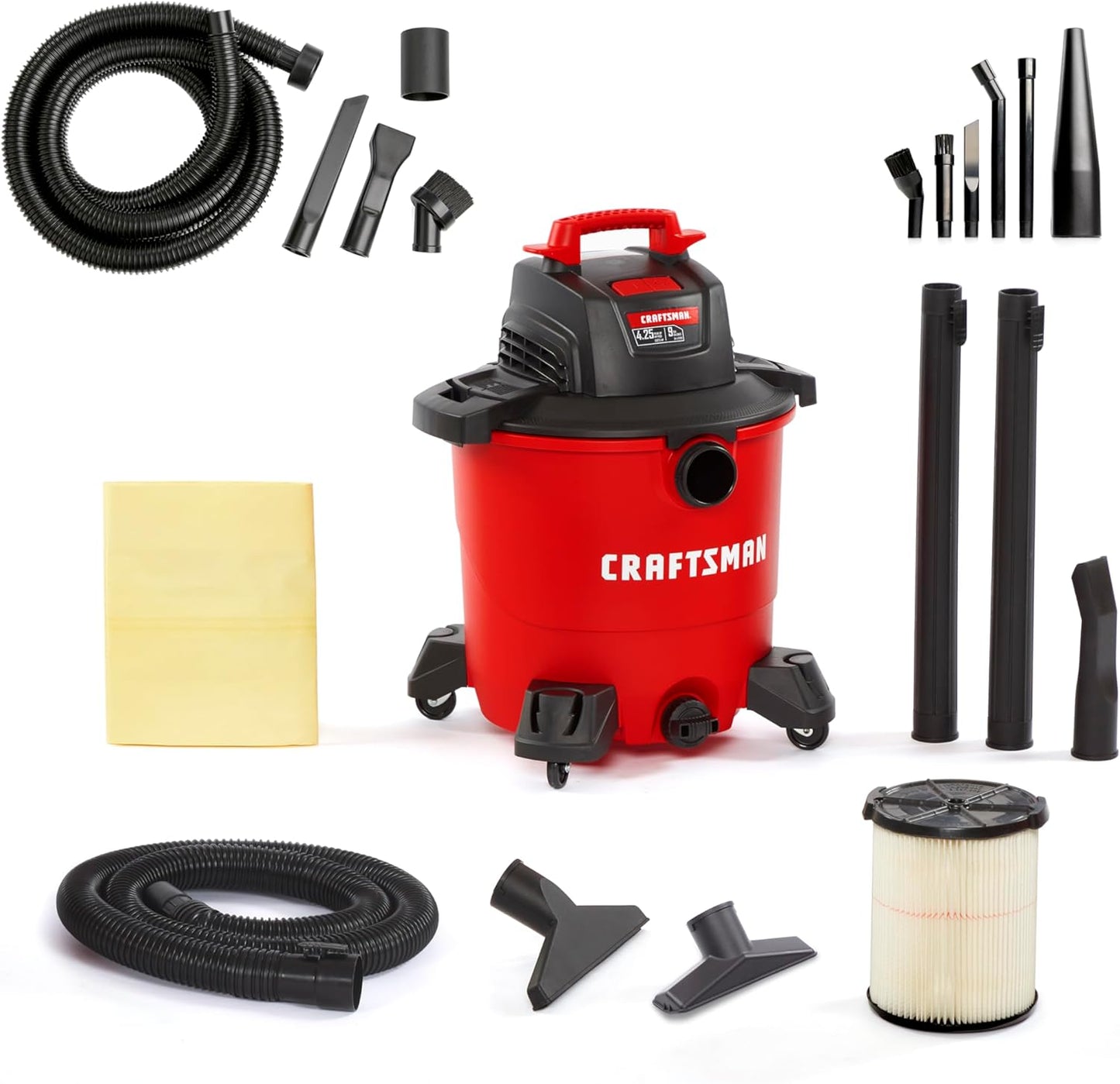 CRAFTSMAN CMXEVBE17590 9 Gallon 4.25 Peak HP Wet Dry Vac, Portable Shop Vacuum Wet and Dry with Filter, Dust Bag, Hose, Car Cleaning Kit and Micro Cleaning Kit for Home and Garage Cleaning
