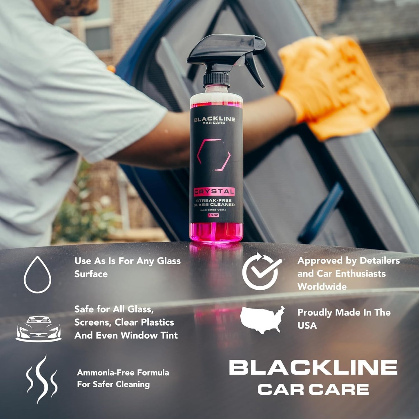 Blackline Best Glass Cleaner - Works on Glass, Windows, Mirrors & Navigation Screens. Tint Safe Window Cleaner for Car - 16 fl oz bottle, Streak Free Spray