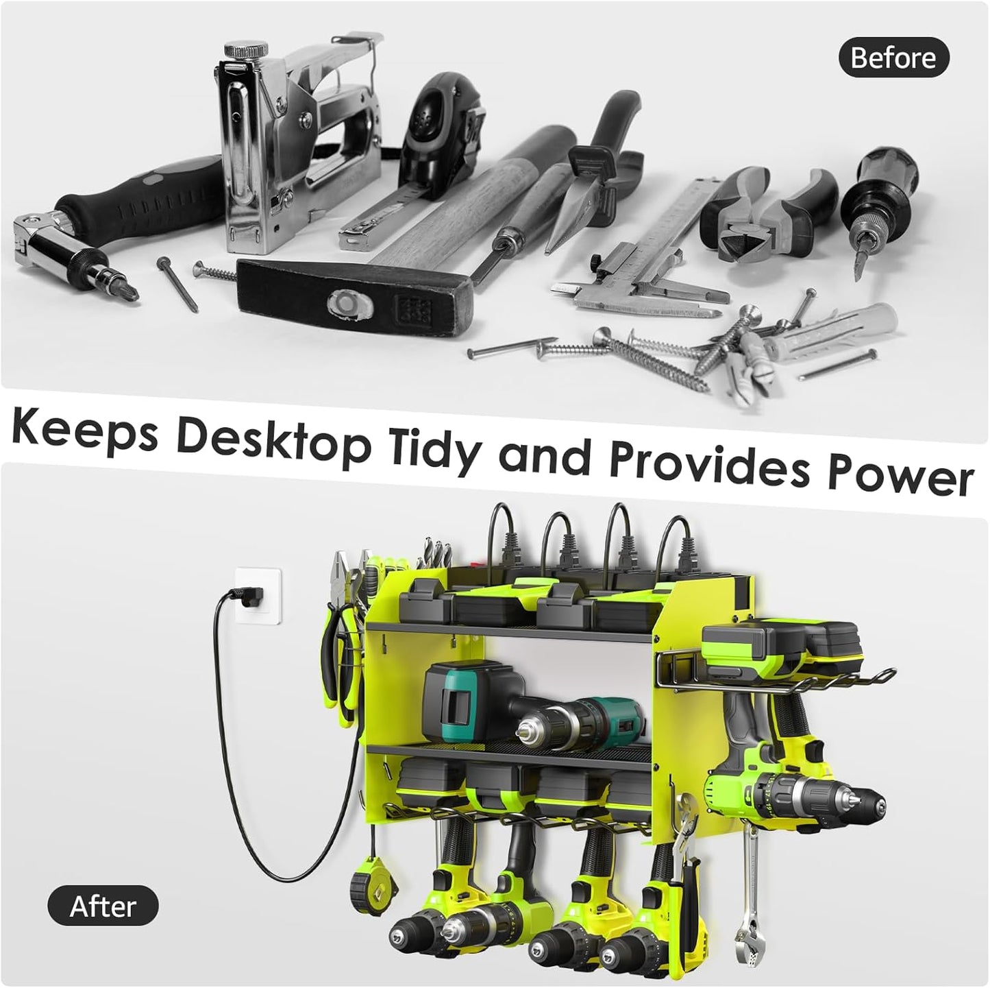 CCCEI Modular Power Tool Organizer Wall Mount Charging Station, Green 6 Drills Holder with 8 Plug Power Strip 10FT, Garage Drill Battery Heavy Duty Metal Shelf, Utility Rack with Hooks, Side Storage.