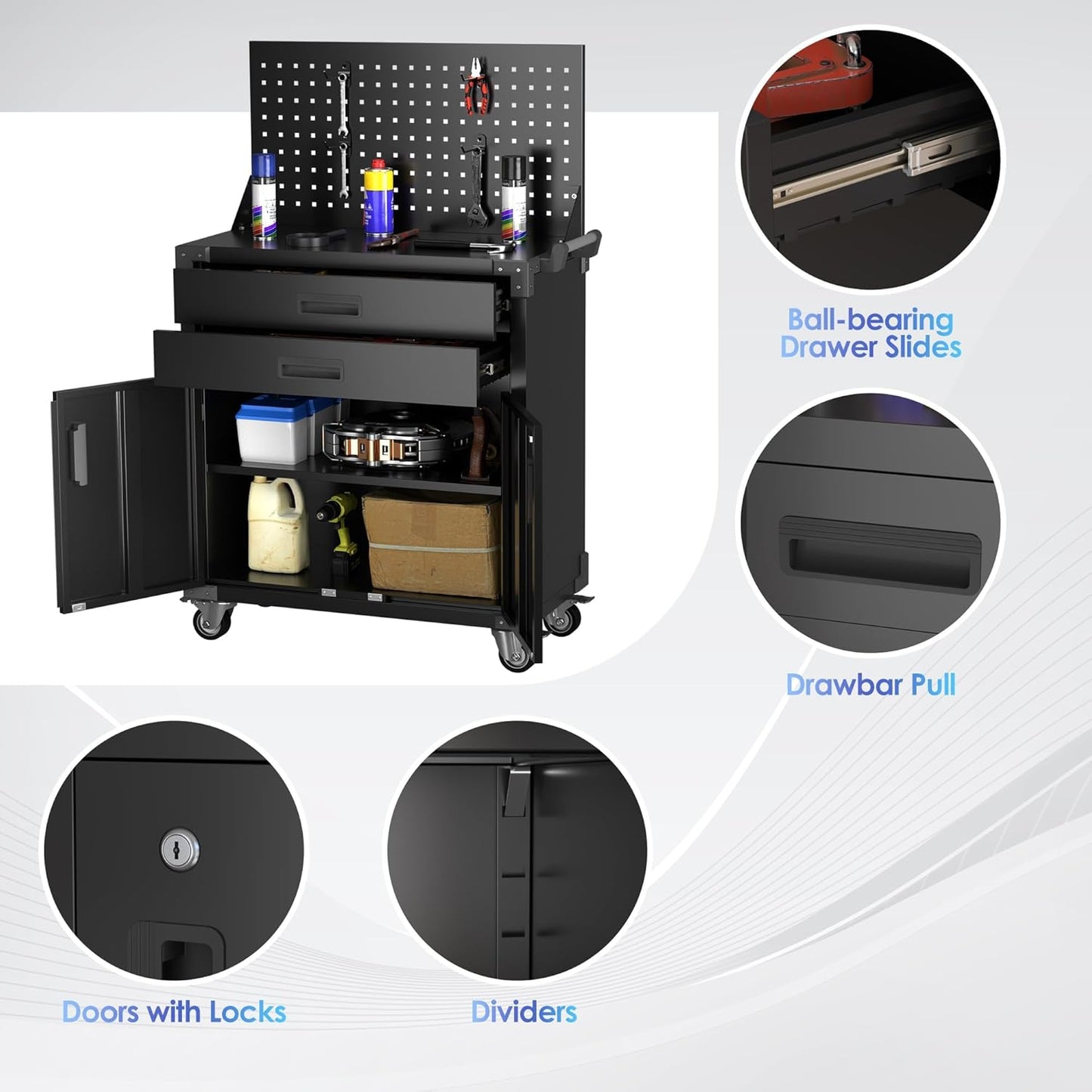 Black Tool Cart with Pegboard and 4 Hooks,Garage Storage Cabinet on Wheels with 2 Drawer,Industrial Service Utility Tool Cart for Mechanics, Garage, Workshop