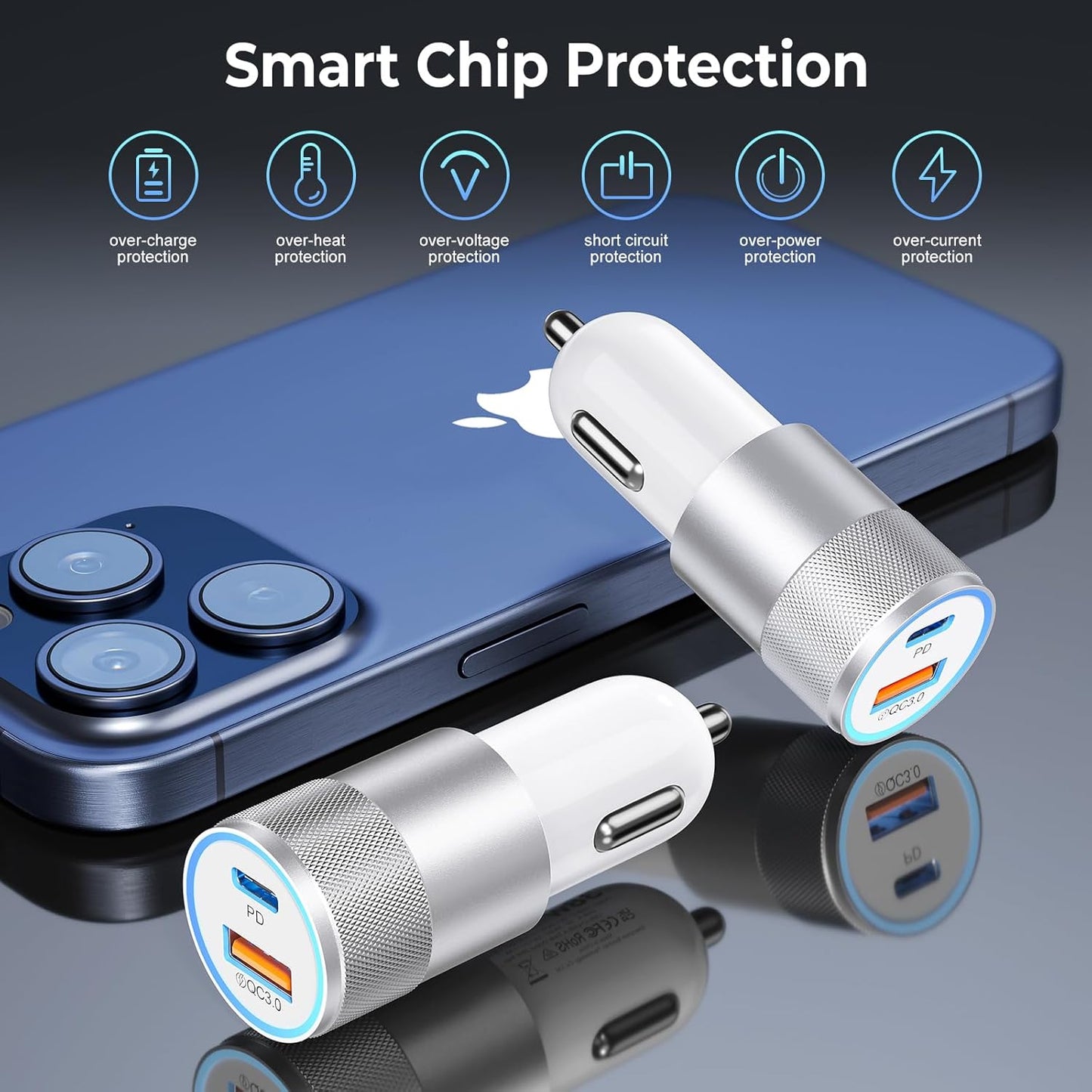 3-Pack Car Charger, Ancekoy 38W Dual Port Fast Charge PD & QC 3.0 Car Adapter Cigarette Lighter USB Plug for iPhone 16/15/14/13 Pro Max, iPad, Galaxy S25/S24/S23 and More (White)