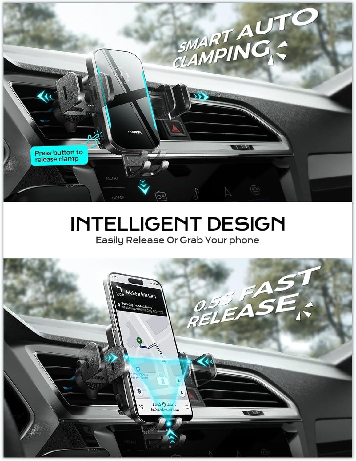 CHGeek 15W Wireless Car Charger – Auto-Clamping Qi Fast Charging Vent Mount with LED Light; Compatible with iPhone 13-16 & Samsung S22-S24 (Knight Black)