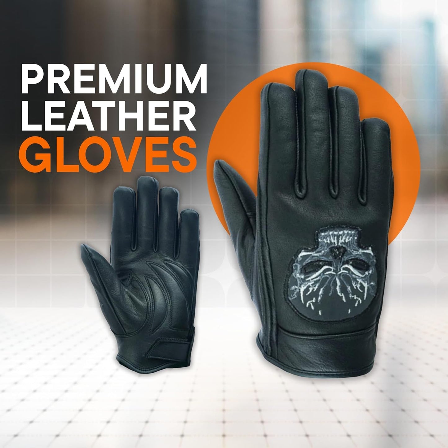 Daniel Smart Men's Motorcycle Leather Gloves with Reflective Skull Short Glove & Touch Screen Fingertips