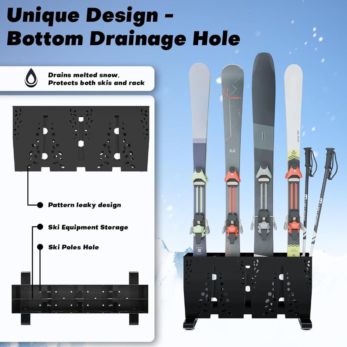 Heavy Duty Metal Ski Storage Rack, 8 Pair Freestanding Steel Ski Holder, Floor Stand Ski Organizer Rack