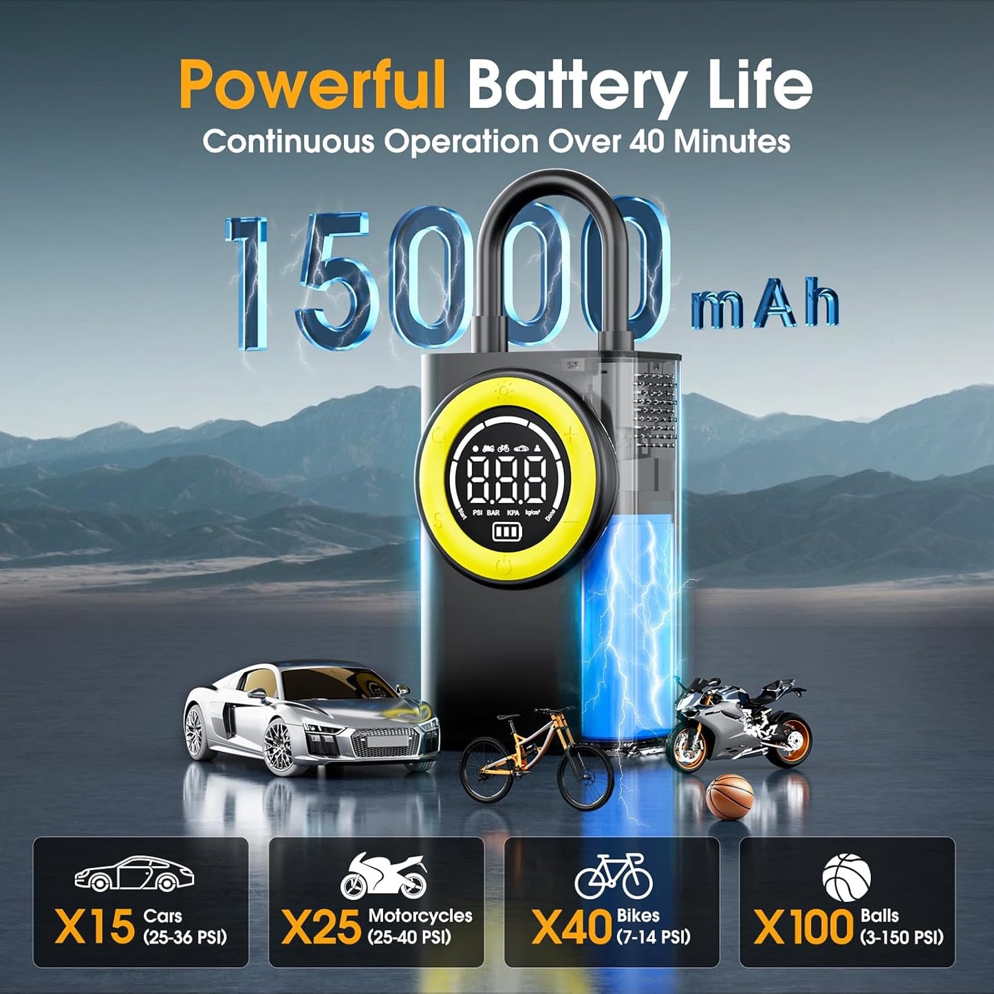 Tire Inflator Portable Air Compressor,150 PSI Cordless Air Pump for Car Tires with Digital Pressure Gauge & LED Light,5X Faster Portable Tire Inflator for Car,Motorcycle,Bike,Ball