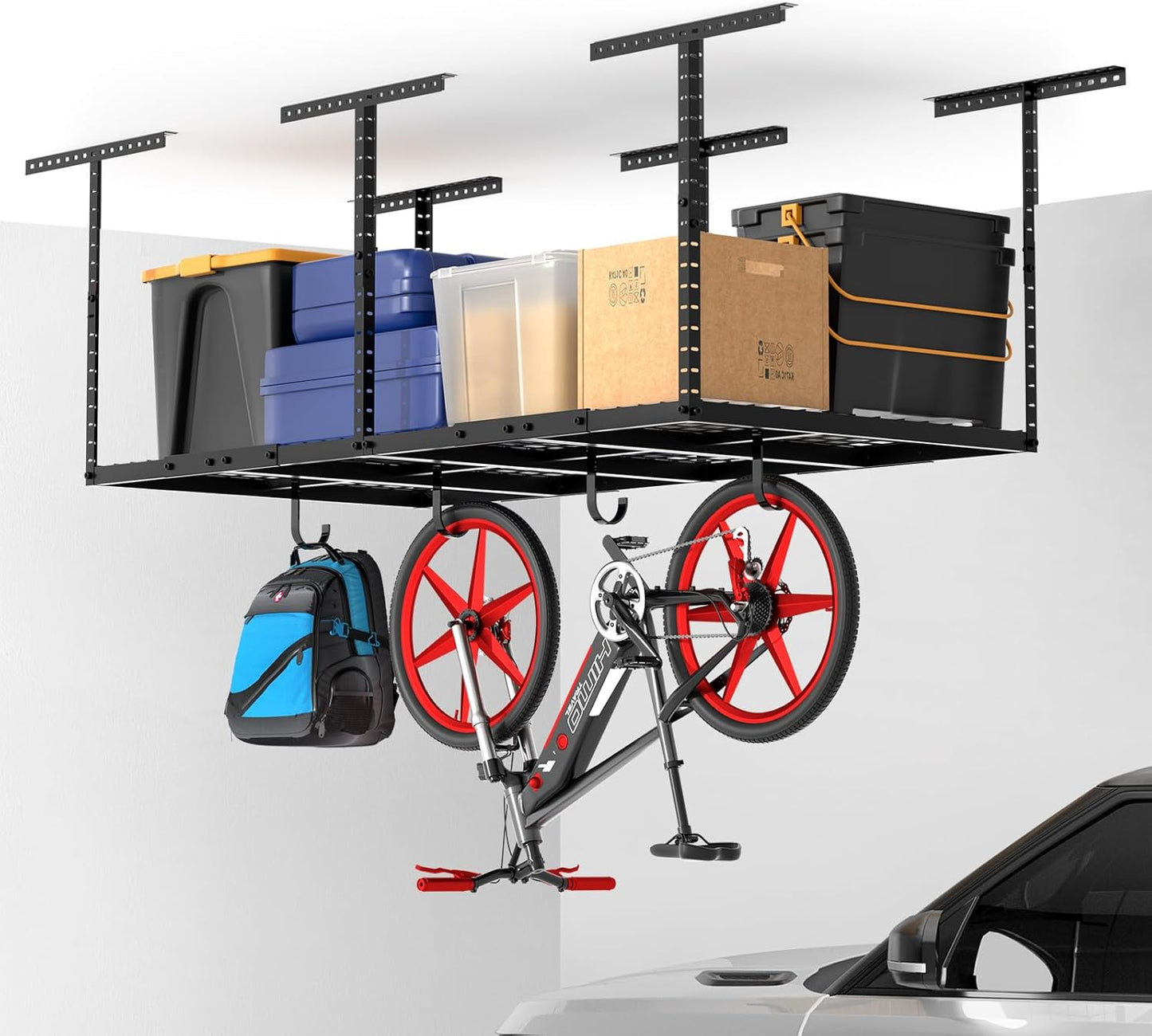 Heavy-Duty 3x8 Overhead Garage Storage Rack with Adjustable Ceiling Shelving with 600lbs Weight Capacity，22 lbs per Hook, Steel Hanging Organizer for Tools, Bins & Bikes Black