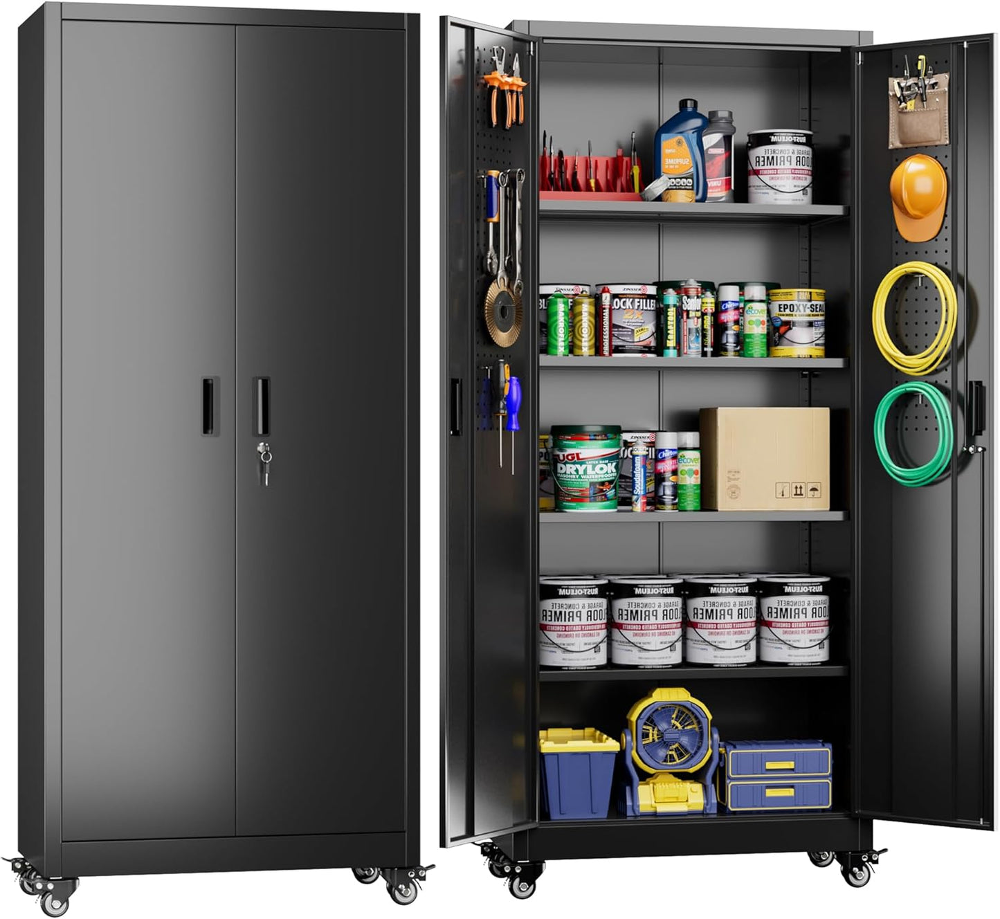 Garage Storage Cabinet with with Pegboard and Wheels,73" Metal Lockable File Cabinet with 2 Doors and 4 Adjustable Shelves,Tool Storage,Home Office Garage,Gym,School (Black)