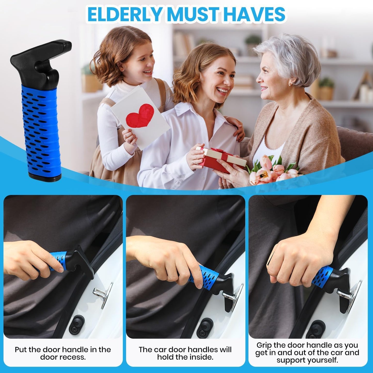 Car Door Handle for Elderly, Car Handle Assist Support, Portable Elderly Assistance Mobility Aids Auto Grab Cane with Strap for Seniors and Handicapped Getting Out of Car, Blue, 2 Pack