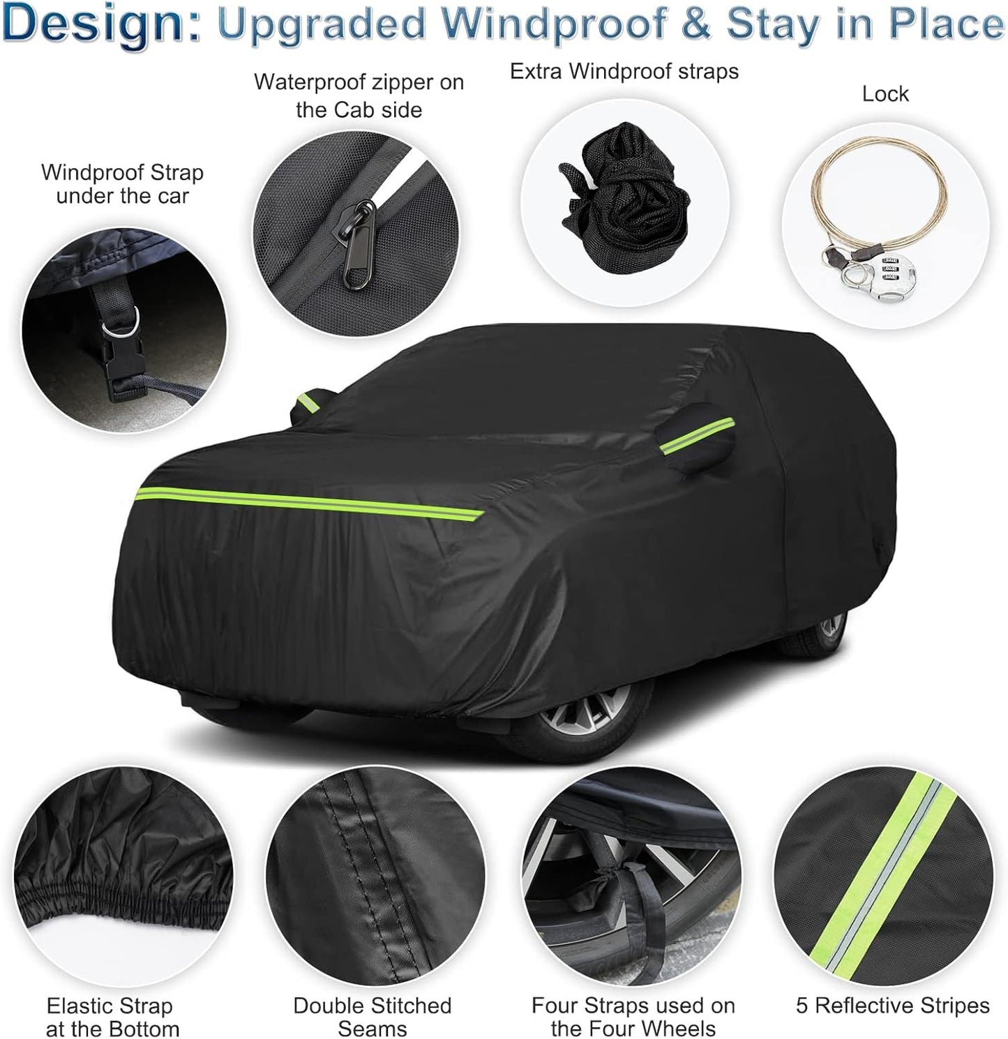 Car Cover Waterproof for 2007-2025 Chevy Suburban/GMC Yukon XL/Cadillac Escalade ESV, Snowproof Outdoor Car Covers with Zipper Windproof Heavy Duty All Weather (Black)