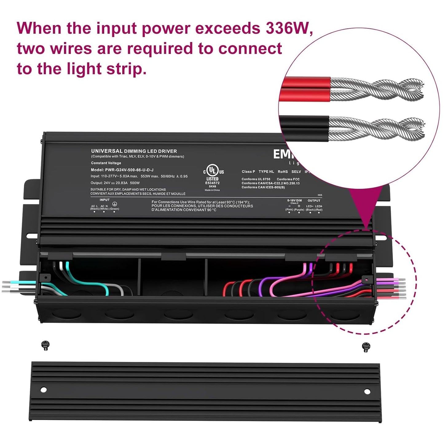 EMITEVER Dimmable Led Driver, 500W AC 110V-277V to DC 24V Transformer, 5-in-1 Dimming: ELV/MLV/TRIAC / 0-10V / 1-10V / 10V PWM/Potentiometer, Waterproof IP67 and UL Listed