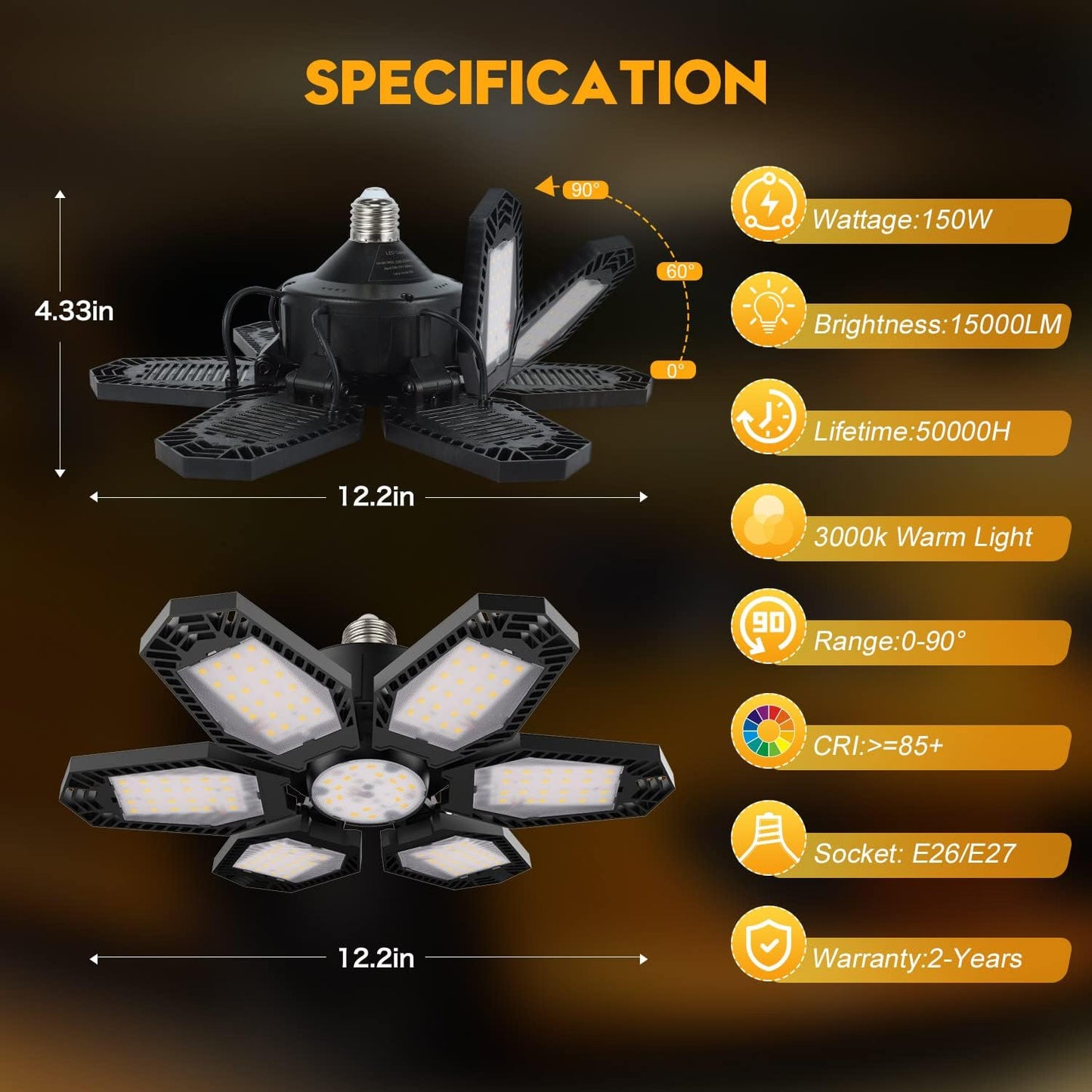 TANBABY 2 Pack Garage Light Warm 150W Led 3000k Garage Lighting 12000LM [Equivalent] Deformable Garage Light Ceiling with 6 Panels E26/E27 Base Illuminator 360 Basement Lights for Shop