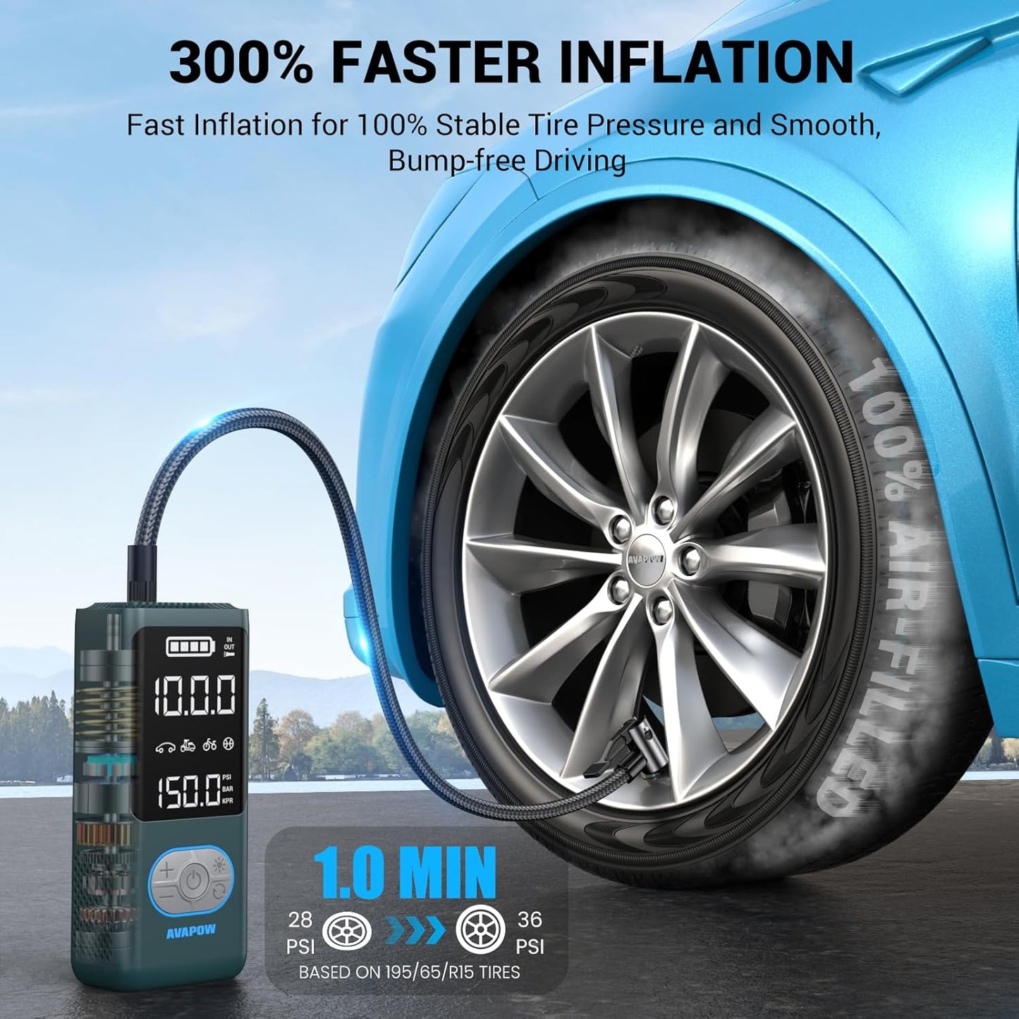AVAPOW AP18 Tire Inflator Portable Air Compressor, 300% Faster 150 PSI Cordless Air Pump with Tire Pressure Gauge, 3.7″ Dual LCD Screen, Auto-Shuts Off Tire Pump for Car, Motorcycle, Bicycle, Cyan