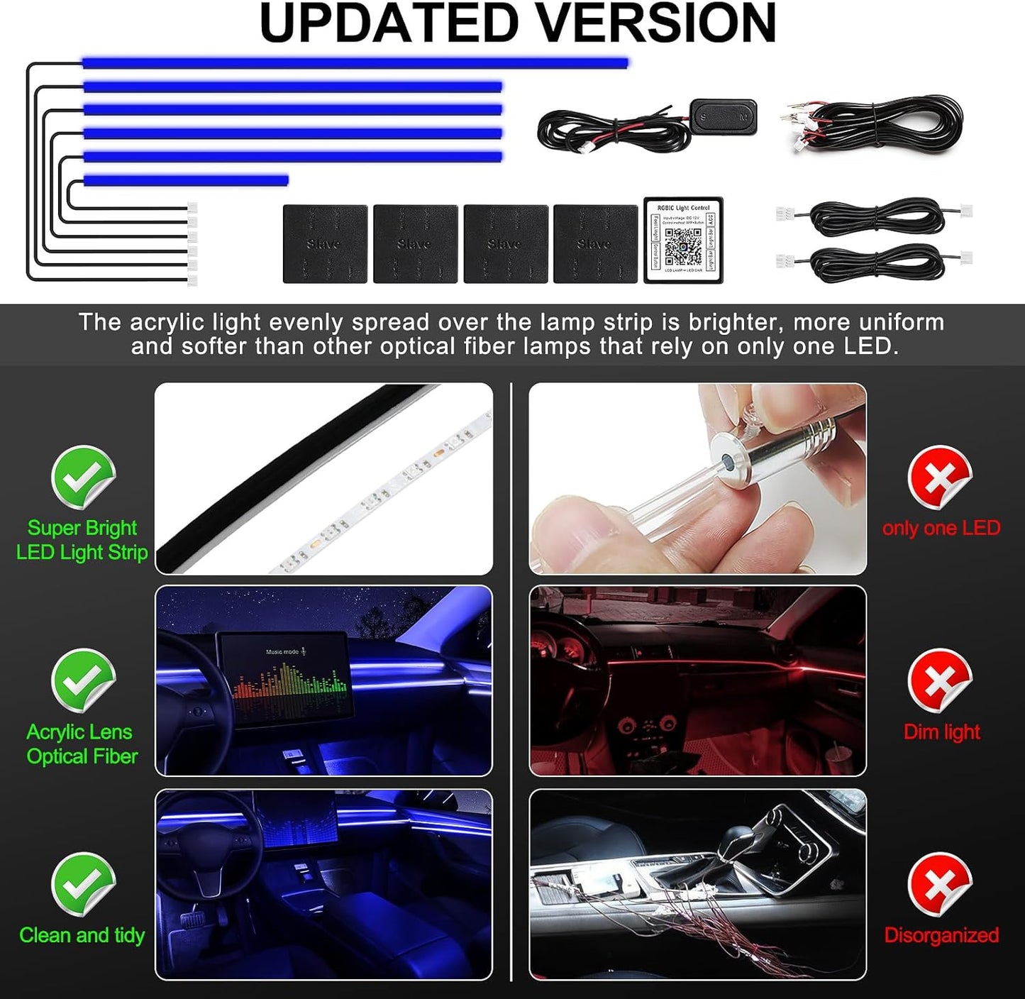 Acrylic Interior Car LED Strip Light with Wireless APP, RGB 6 in 1 with 175 inches 612 LEDs Fiber Optic Car Ambient Lighting Kits, Dynamic Music Sync Neon LED Strip Lights for Car