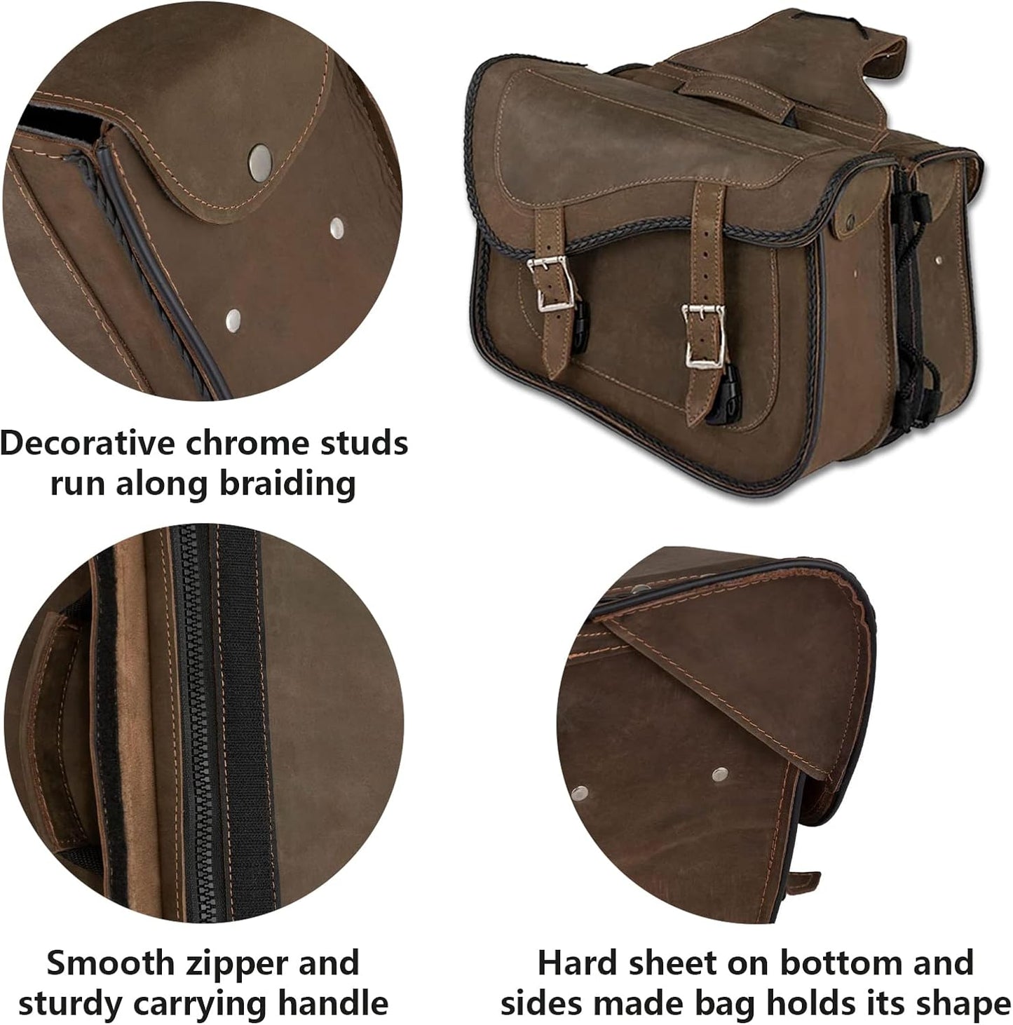 GARGOYLE BELLS Motorcycle Saddle Bags Genuine Leather Motorcycle Luggage Bag For Softails Sportsters and Choppers (No Stud, Brown, 13”x13“x10”)