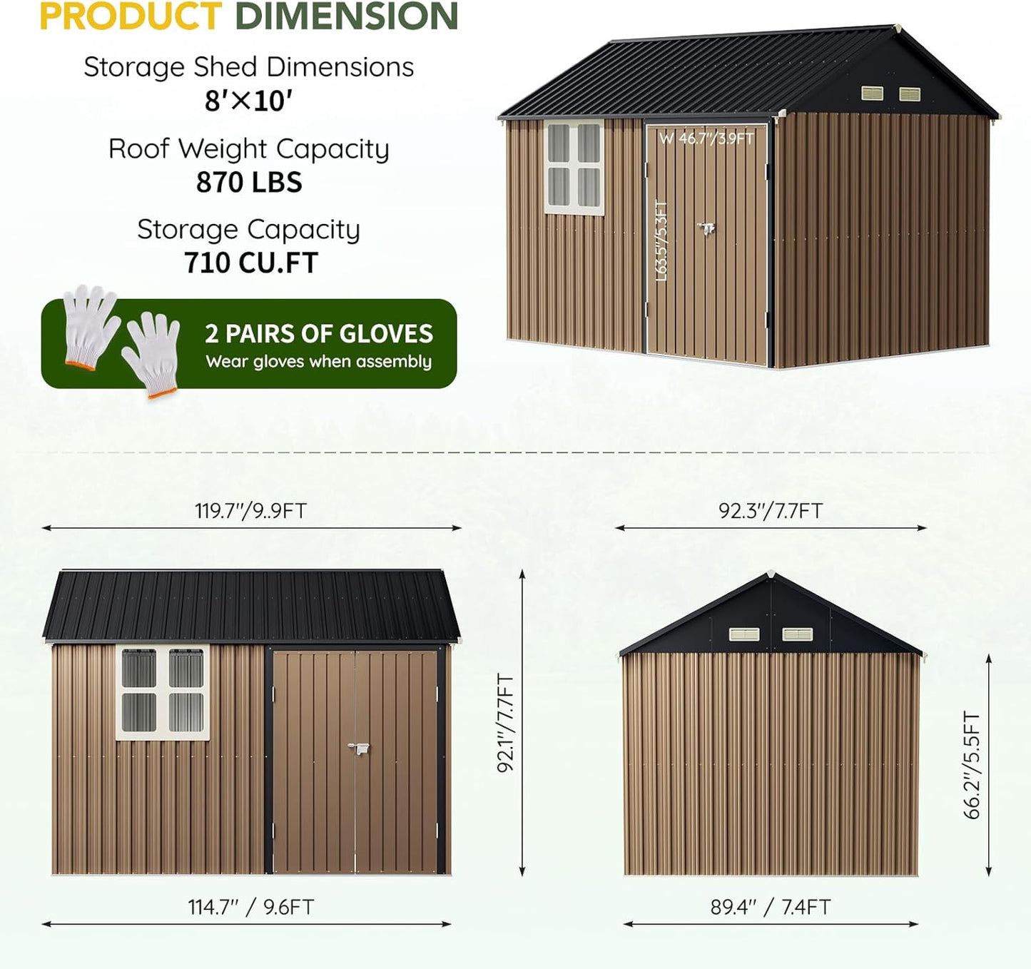 Breezz 8X10FT Outdoor Steel Storage Shed with Clear Window, Lockable Doors, Weather-Resistant Metal Tool Shed for Garden, Backyard, Patio, and Utility Storage.Brown