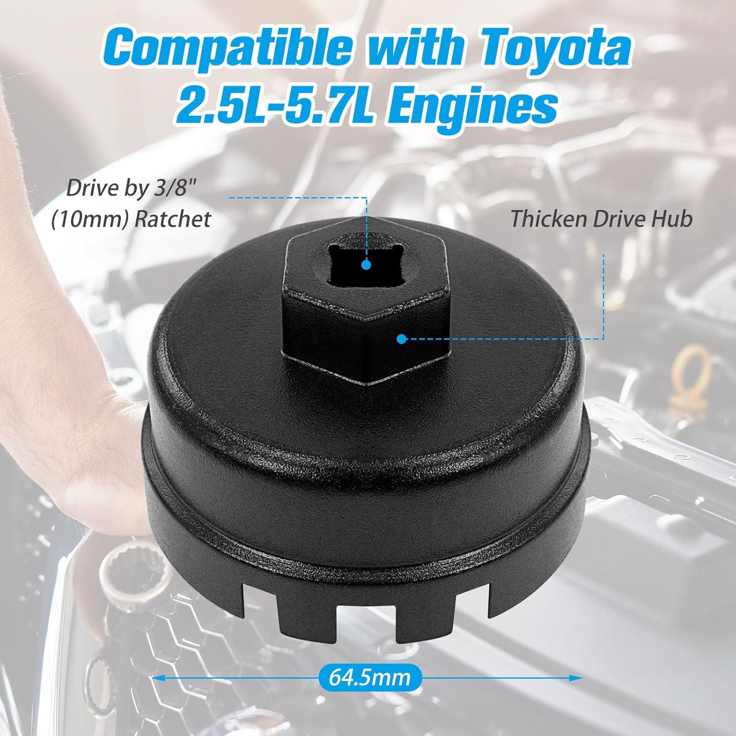 Heavy Duty Oil Filter Cap Removal Tool, 64mm 14 Flute Oil Filter Wrench, Compatible with Toyota, Lexus, Highlander (2.5L-5.7L Engines)