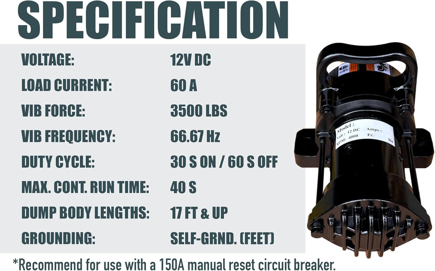 Dump Truck Vibrator Replacement for Clean Bed, Shake Out Excess Material in Truck Bed (DC-3500)