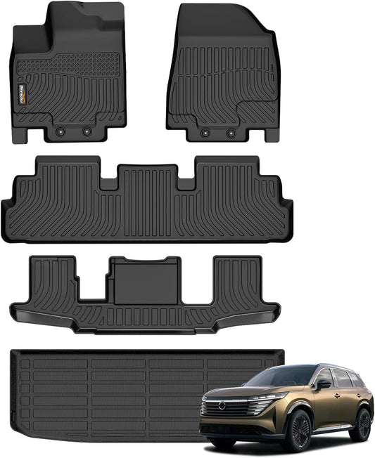 Binmotor-All Weather Floor Mats Cargo Liner Set for for Nissan Pathfinder 2022 2023 2024 2025, 7 Passenger, 3 Rows with Cargo Trunk Mat, Car Mats for Nissan Pathfinder Accessories