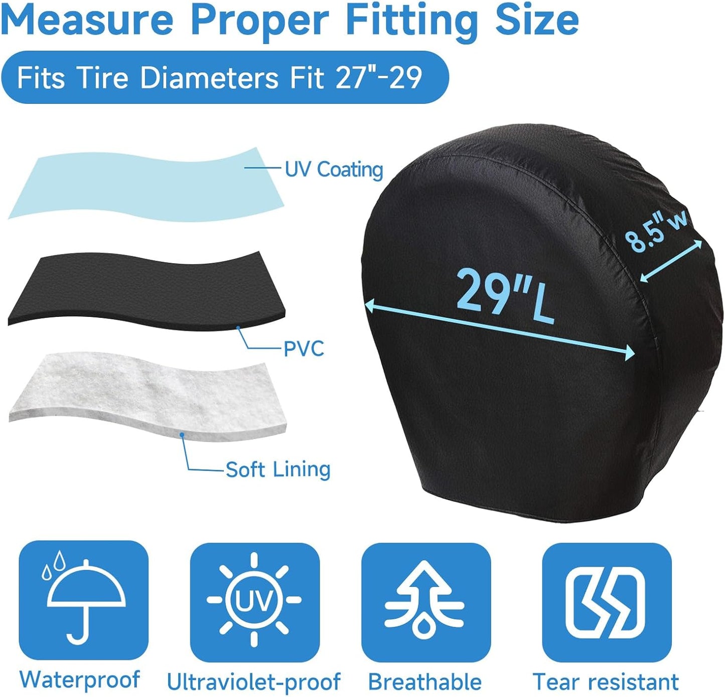 Tire Covers 4 Pack, Waterproof Thickening Tire Wheel Protector for Truck, SUV, Trailer, Camper, RV, Universal Fits Tire Diameters 27-29 inches, Black
