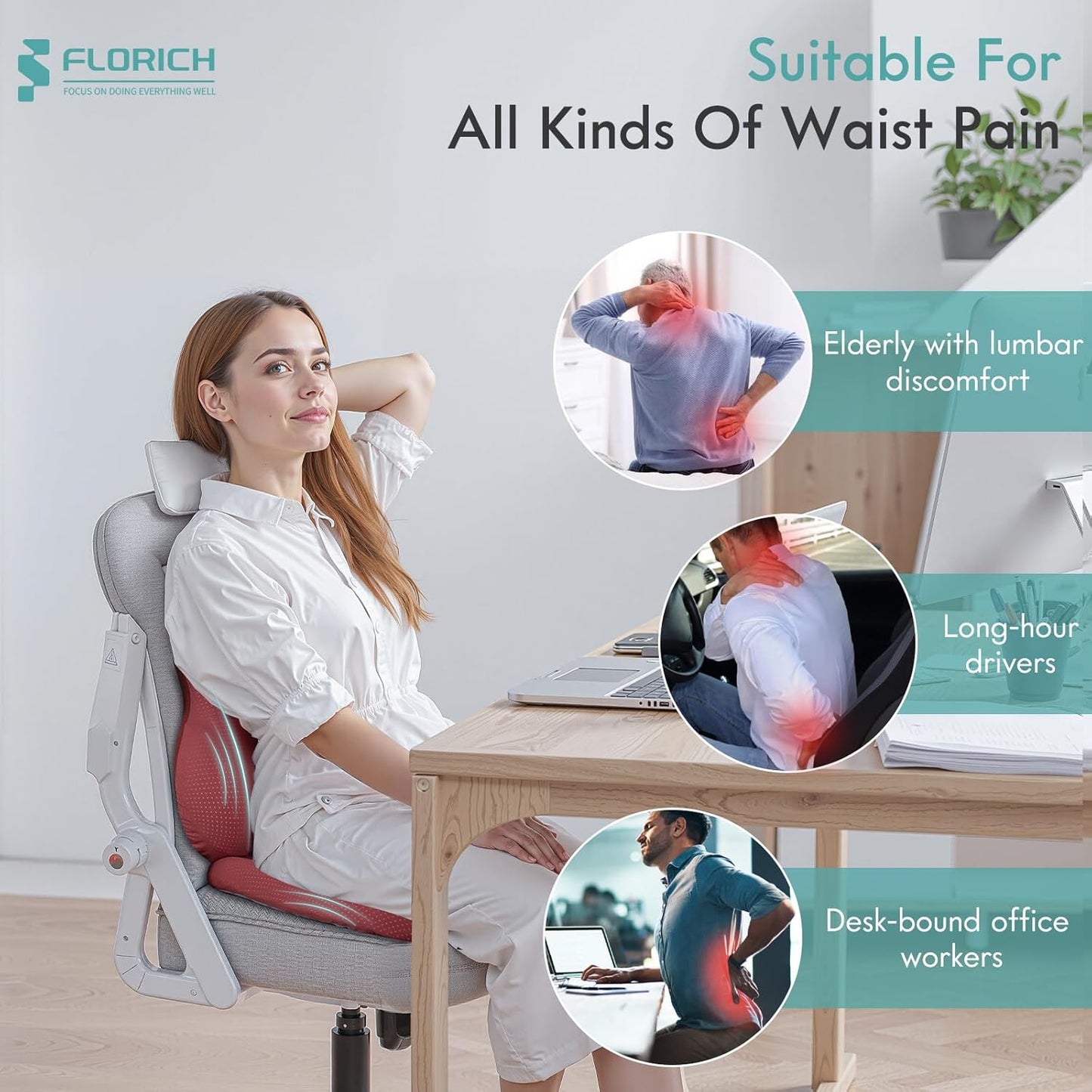 FLORICH Car Seat Cushion and Lumbar Support Pillow for Office Chair Car, Ergonomic Memory Foam, Relieves Back Sciatica Pain, Pressure-Relieving Back Support for Car, Office Chair & Wheelchair - Red