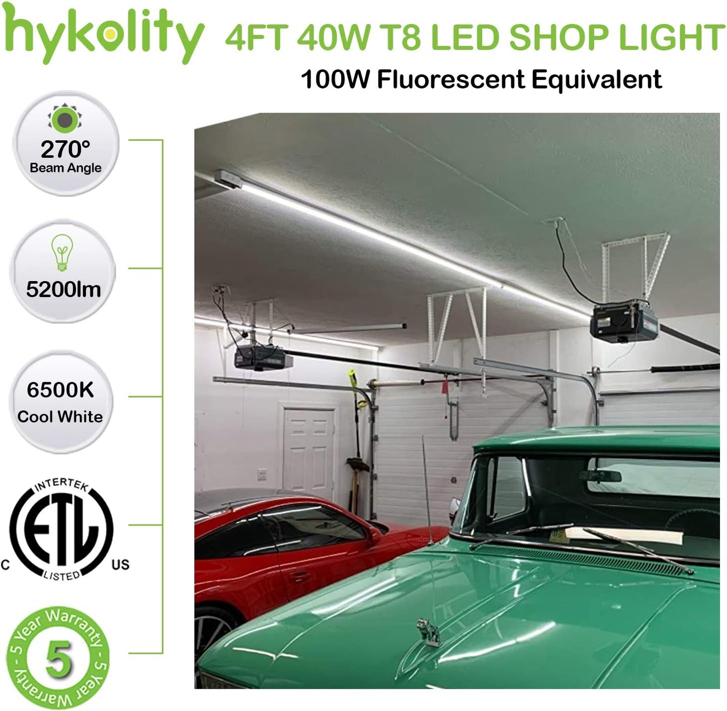 hykolity 4FT LED Shop Light, V Shape Integrated T8 LED Tube Light, 5200LM, 40W, 6500K Super Bright White,high Output Linkable Shop Lights W/Built-in ON/Off Switch for Warehouse, ETL, 10 Pack