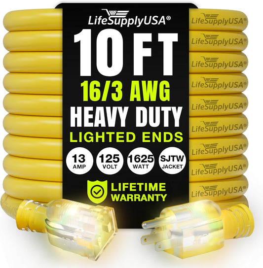 10ft Outdoor/Indoor Extension Cord 16/3 Gauge Heavy Duty 3 Prong SJTW, Waterproof, Flexible Cold-Resistant Long Power Cord,13A 125V 1625W, Yellow by LifeSupplyUSA
