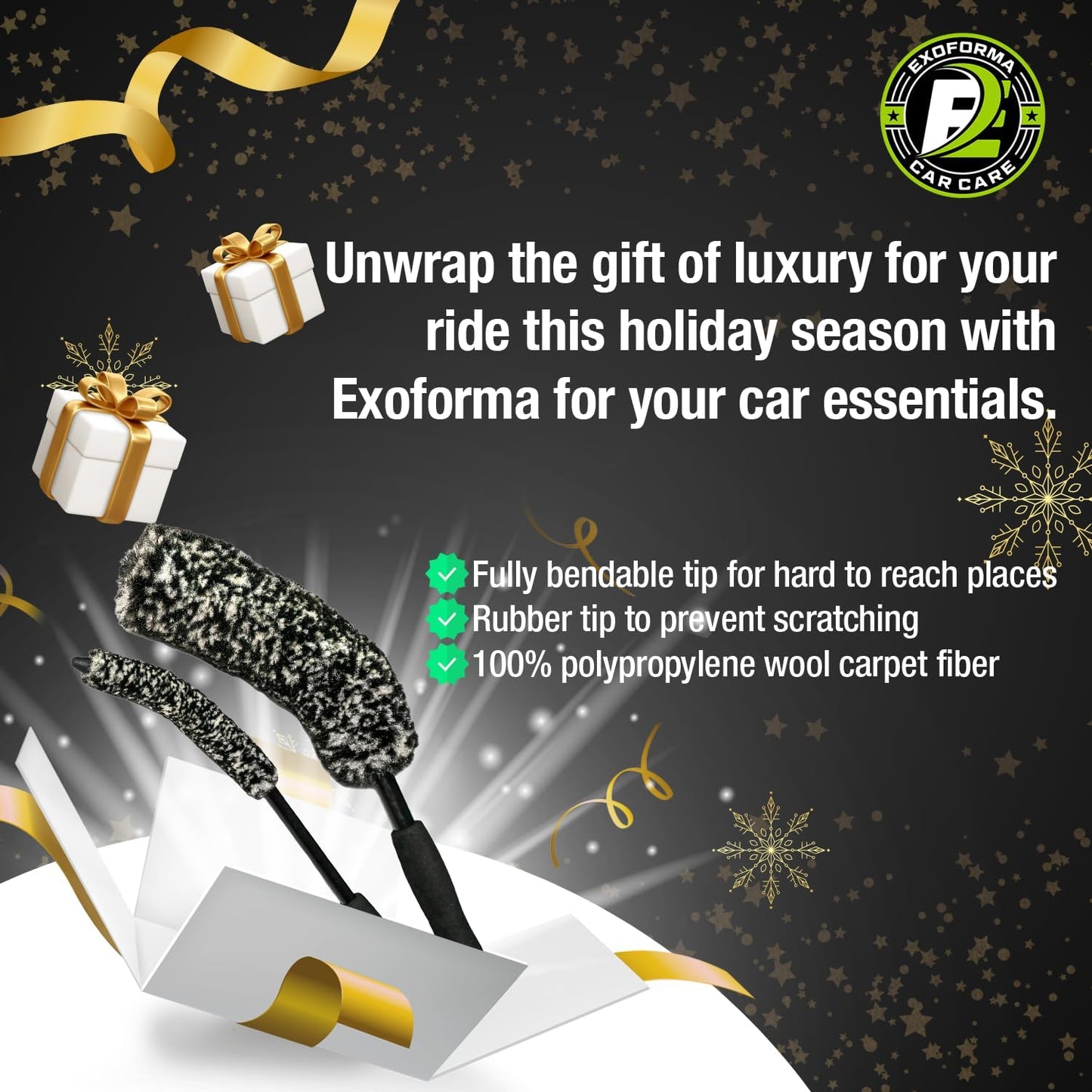 ExoForma Bendable Brush Set - Unique Adjustable 2-Piece Wheel Brush Set Cleans Behind Wheels - Tough Yet Gentle Wool Fiber + No-Scratch Rubber Tip Safe for All Wheel Types - Comfy Ergonomic Grip