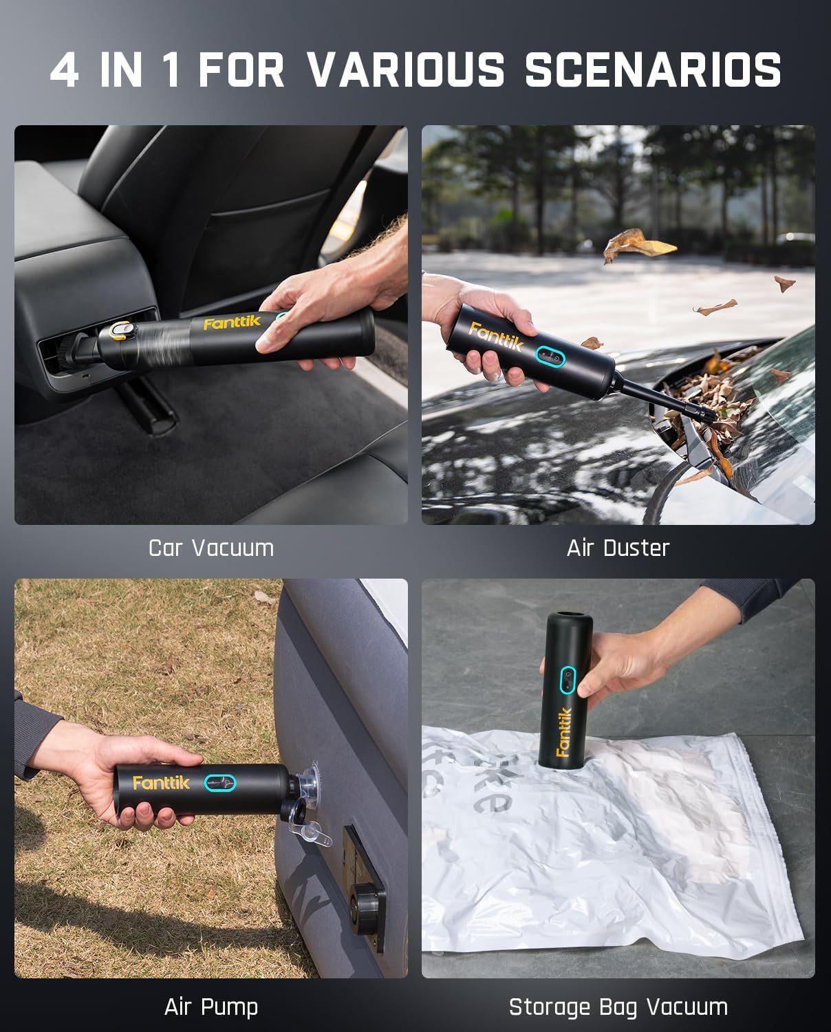 Fanttik Slim V8 APEX Car Vacuum, 4-in-1 Portable Mini Cordless Vacuum with 19000pa Suction Power, Type-C Charge, 2 Suction Modes, Handheld Vacuum for Car, Office Desk, Keyboards (Black)