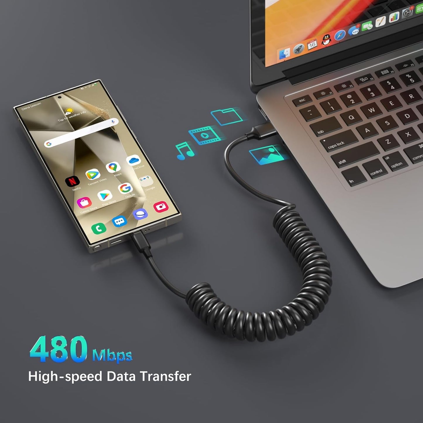 Coiled USB C Cable for Carplay 3ft, Retractable USB A to USB Type C Fast Charging Cord 60W 3A for iPhone 16 15 Pro Max Plus