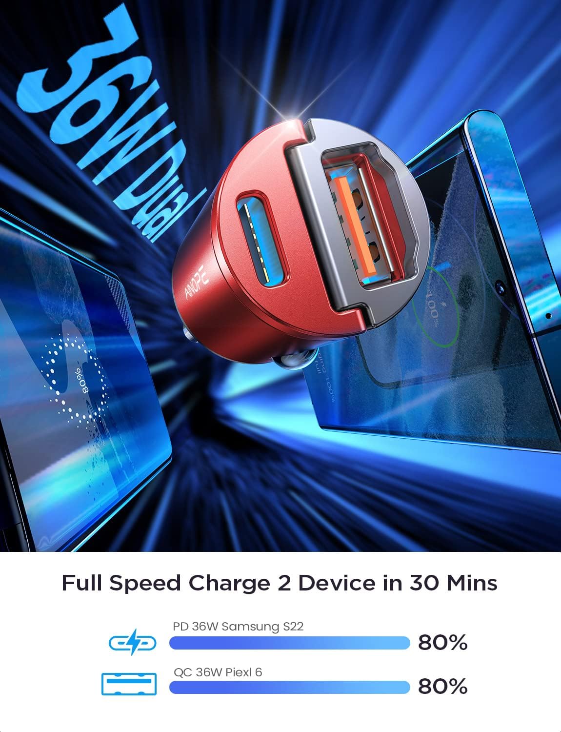 AINOPE 90W Super Fast Car Charger, Invisible USB C 45W Car Charger Fast Charging Type C, [Mini&Metal] Cigarette Lighter USB Adapter Fits Samsung Galaxy S25 Ultra S24 iPhone 16 15 Pro Max Piexl, Red