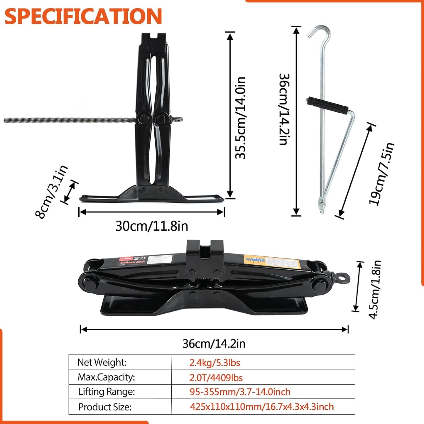 Car Jack Kit Scissor Jack for Car-2Ton(4409lbs),Portable Jack Tire Change Kit Deal for SUV Auto with Crank Handle,Heavy Duty Steel,Black