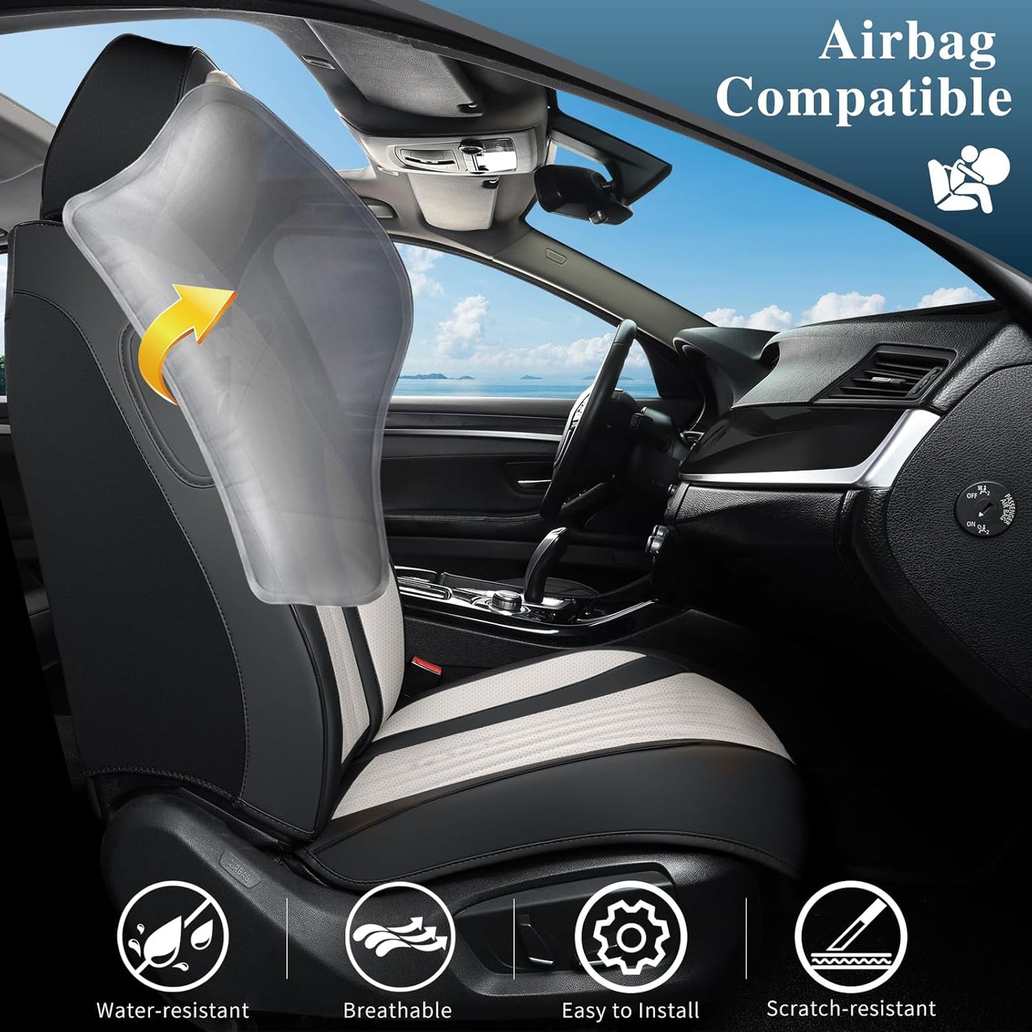 Car Seat Covers Full Set, Leather Seat Covers for Cars, Car Seat Protector Waterproof, Non-Slip Car Interior Covers Fit for Most Cars, SUV, Vans, Trucks,2Seats,Full Set,Black-White