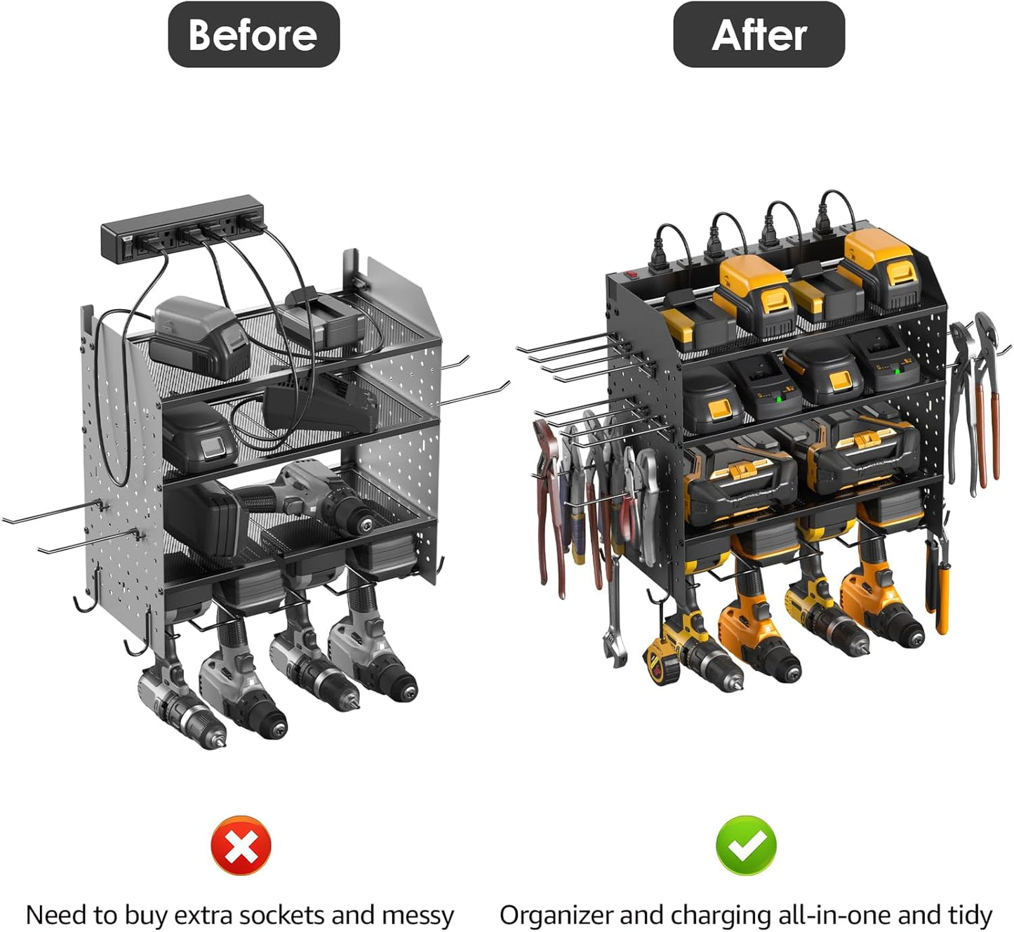 CCCEI Modular Power Tool Organizer with Charging Station. 4 Layer Wall Mount Drills Holder, Tool Battery Charger Organizer. Garage Shop Storage Utility Shelf with 6FT Power Strip, Gift for Men.