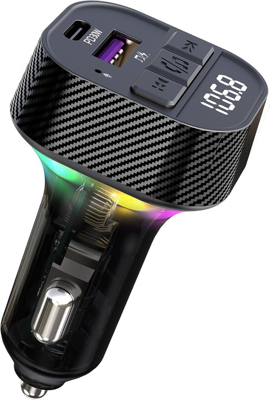 Bluetooth 5.3 FM Transmitter for Car, Bluetooth Car Adapter with Type-C PD(30W) Charger and QC3.0 USB Port, Wireless FM Radio Transmitter, Support MP3 Player, Handsfree Calling, Backlit,U Disk, Grey