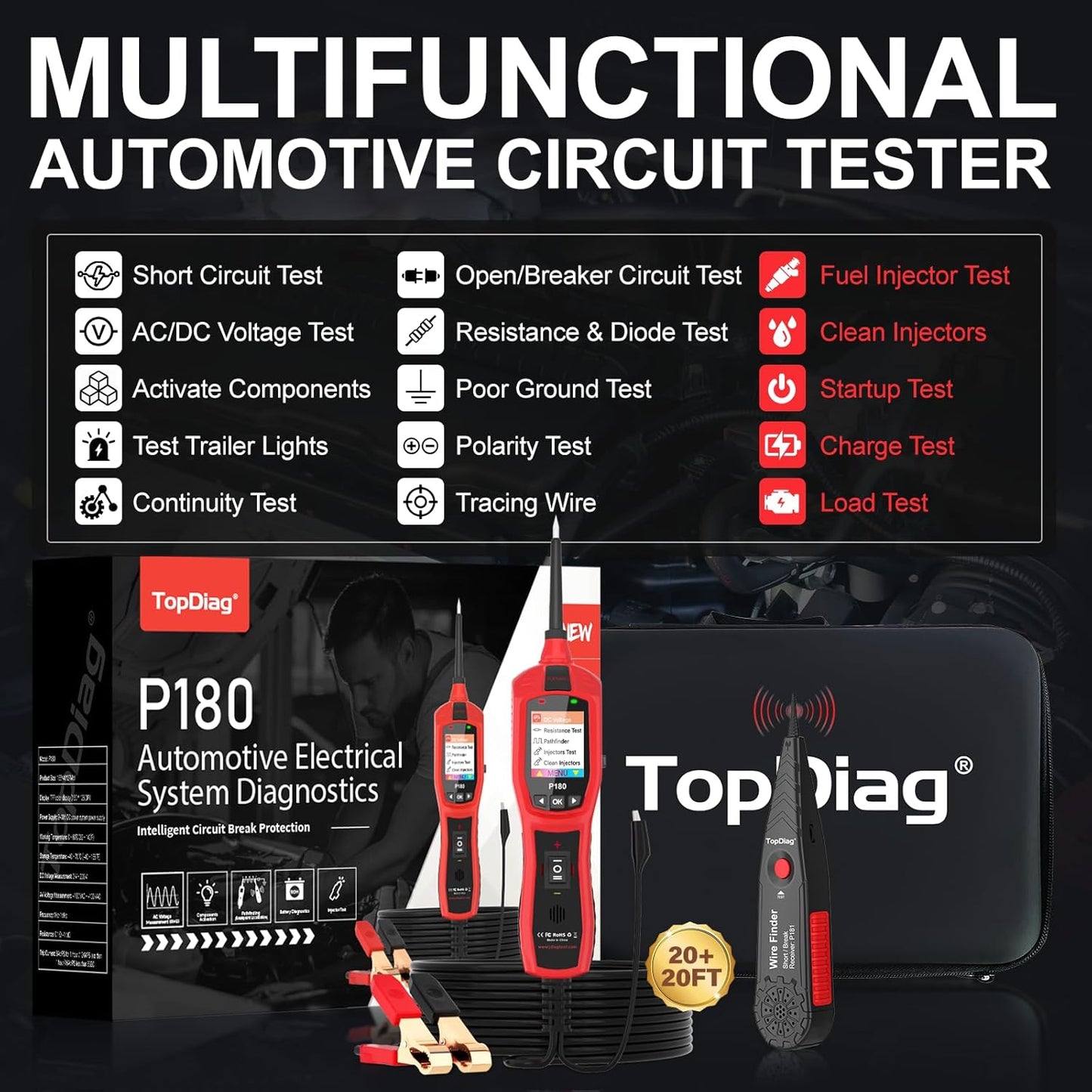 Circuit Breaker Finder Tool, Battery Tester, AC DC Voltage Tester, Fuel Injector Tester, 9V-30V Automotive Circuit Tester with 40FT Cable, P180