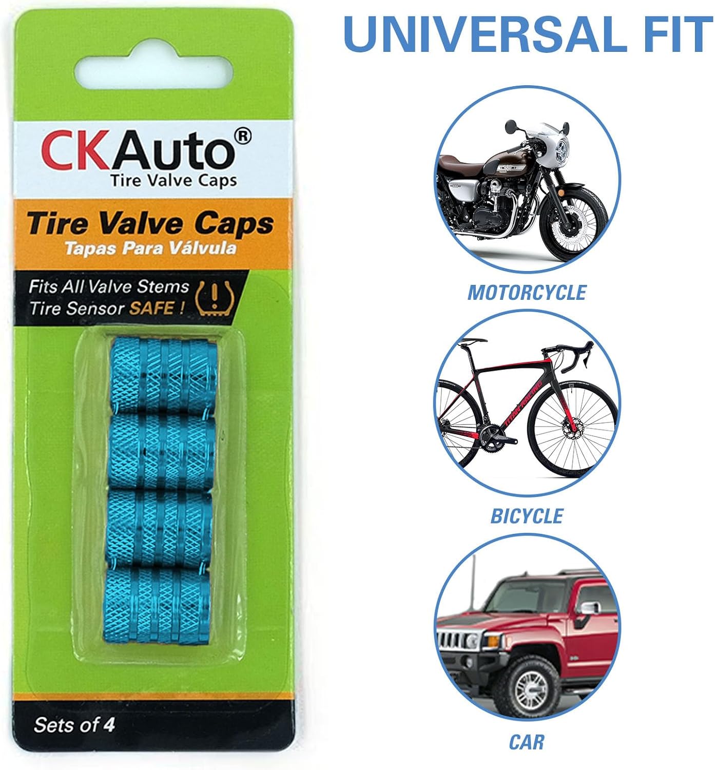 CKAuto Tire Valve Stem Caps, Cyan, 4 pcs/Pack, Anodized Aluminum Tire Valve Cap Set, Corrosion Resistant, Universal Stem Covers for Cars Trucks Motorcycles SUVs and Bikes