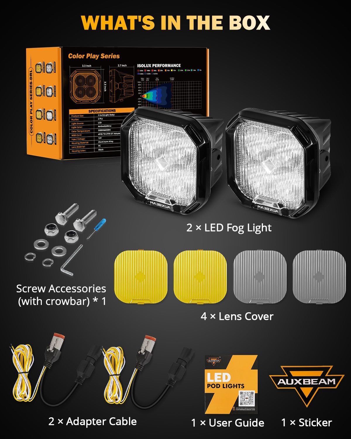 Auxbeam Color Play Series SAE Fog Lights, 3 Inch LED Fog Lights with White DRL & Turn Signal for Ford Honda Nissan Subaru Acura Lexus Toyota, No Brackets Included, Pair